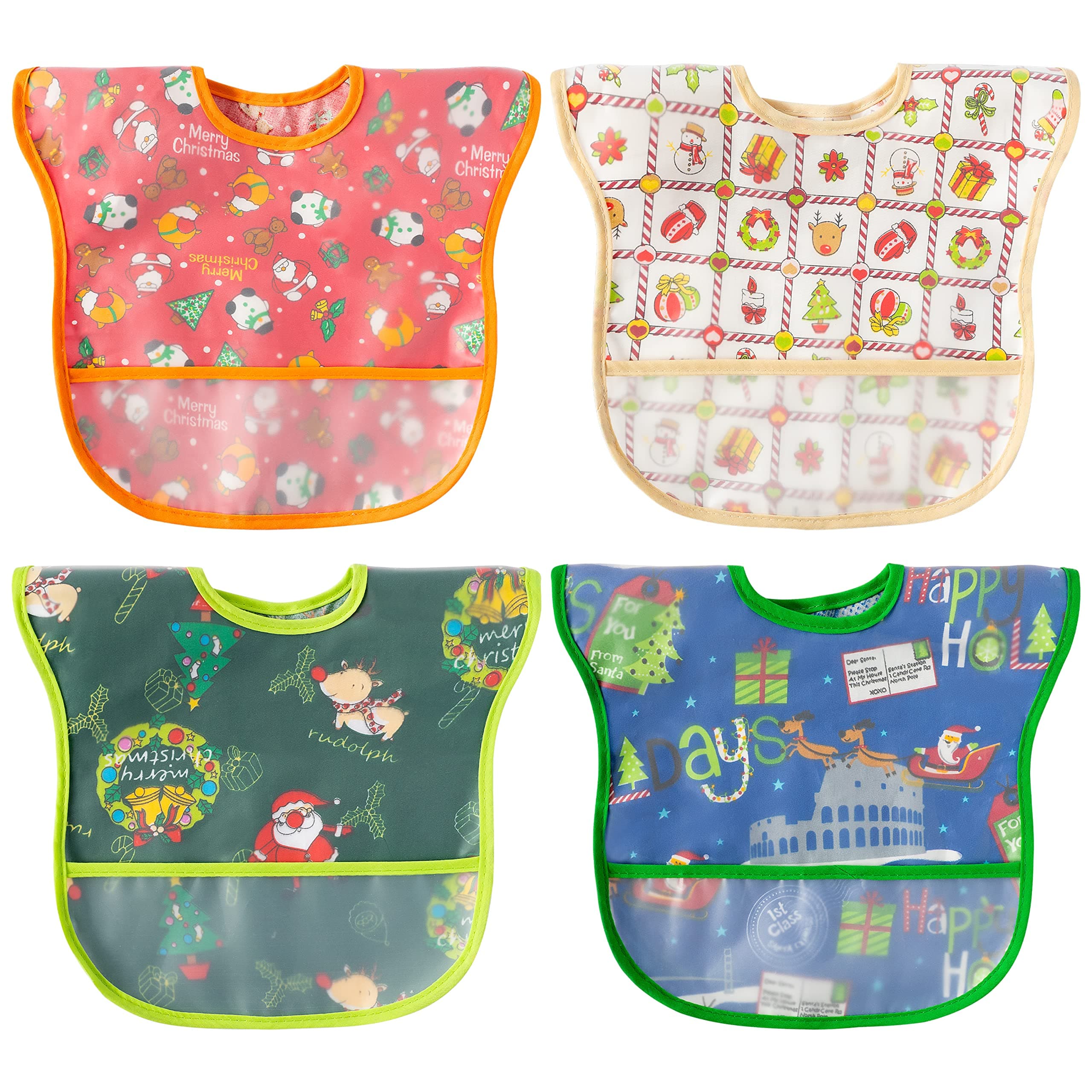 2ooya 4pcs Baby Christmas Bibs Baby Waterproof Bibs Toddler Kids Feeding Bib Set with Crumb Catcher Pocket Infant Adjustable Baby Teething Food Bib Baby Keepsake Gift for Christmas(6-12 Months)