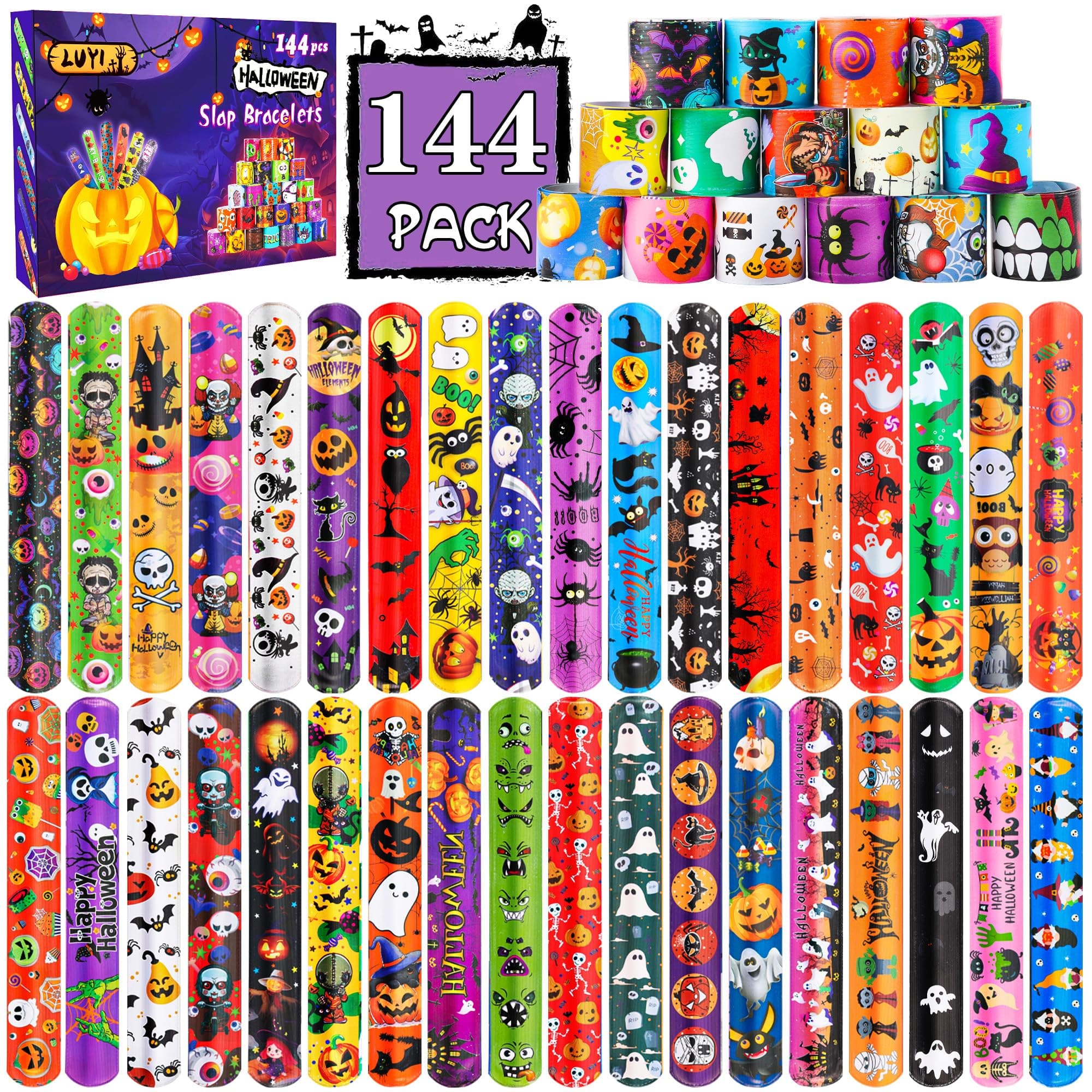 LUYI 144 PCS Halloween Slap Bracelets,Halloween Party Favors Supplies for Kids-108 Different Designs Bracelets Bulk for Halloween Decorations Treat Toys Bag Stuffers Gift for Kids Girls Boys