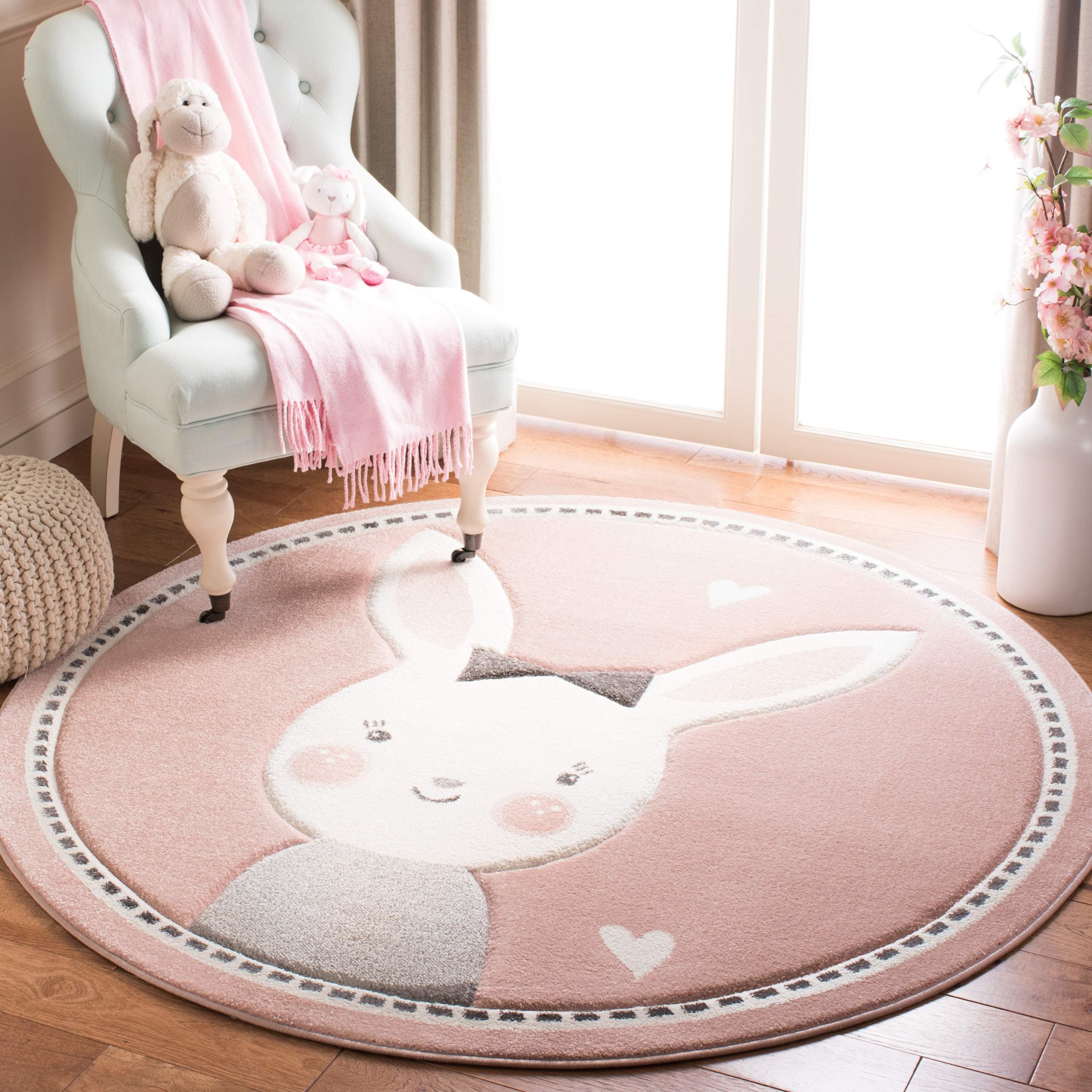 Carousel Kids Collection 5'3" Round Pink / Ivory CRK166P Bunny Nursery Playroom Area Rug