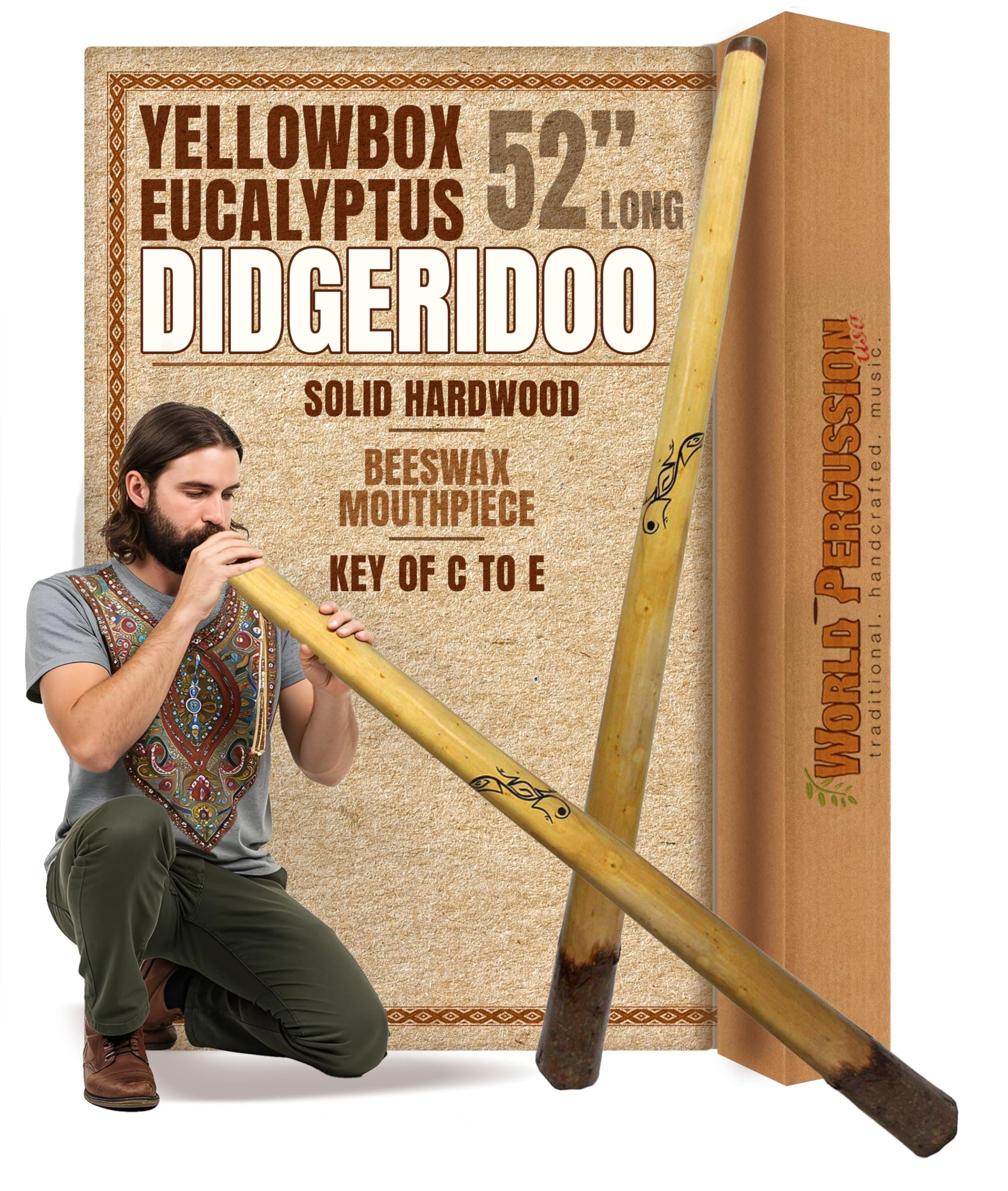Eucalyptus Yellowbox Didgeridoo with Bark Bell, Beeswax Mouthpiece - 52" Long, Handcrafted, Natural Finish, Key of C to E by World Percussion USA