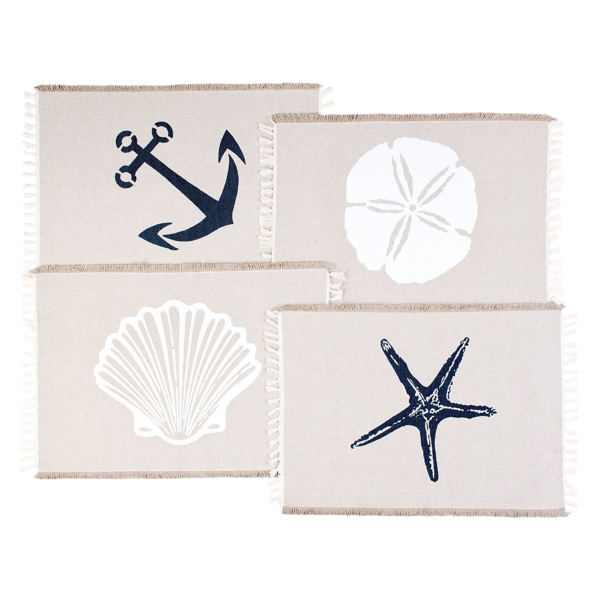 Living Fashions Table Placemats Set of 4 - Beach Themed Nautical Kitchen Placemats for Dining Table - 100% Washable Cotton Place Mat- Seashell, Sand Dollar, Starfish & Anchor Designs with Fringes