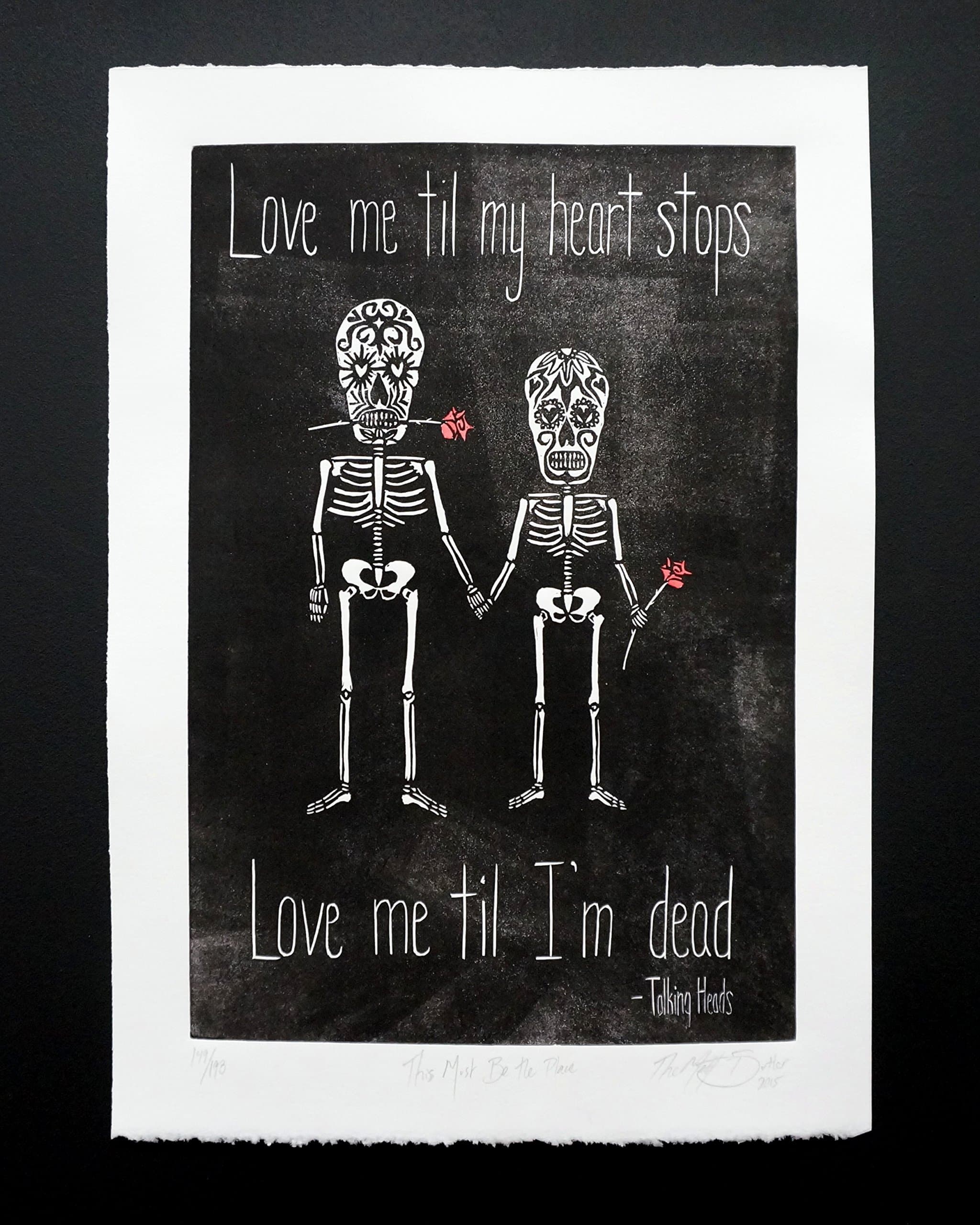 Talking Heads Sugar Skull Love Linocut Print