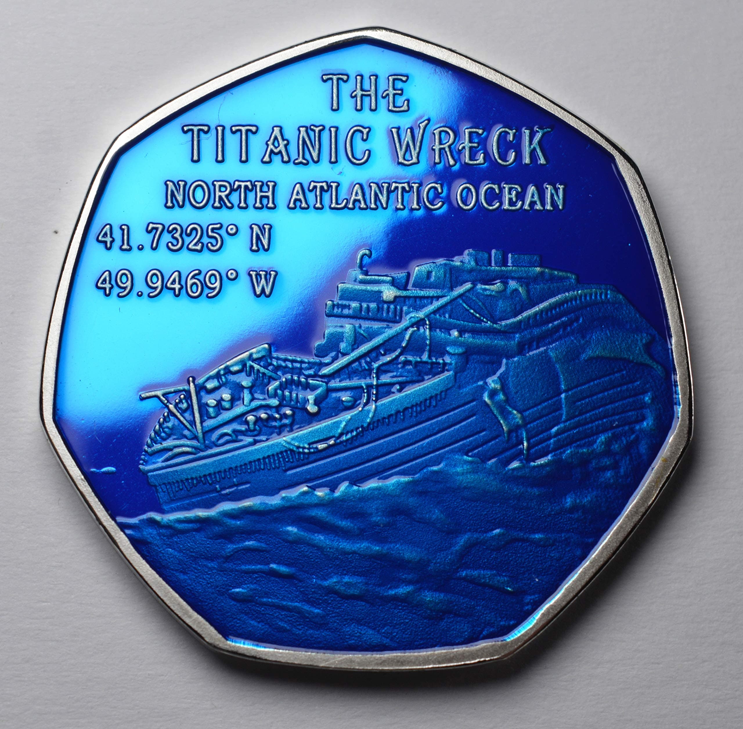 The Commemorative Coin Company RMS Titanic Silver Commemorative. Blue Enamel. World Heritage Site/Wreck. White Star Line, Ocean Liner, Olympic Class, 1912