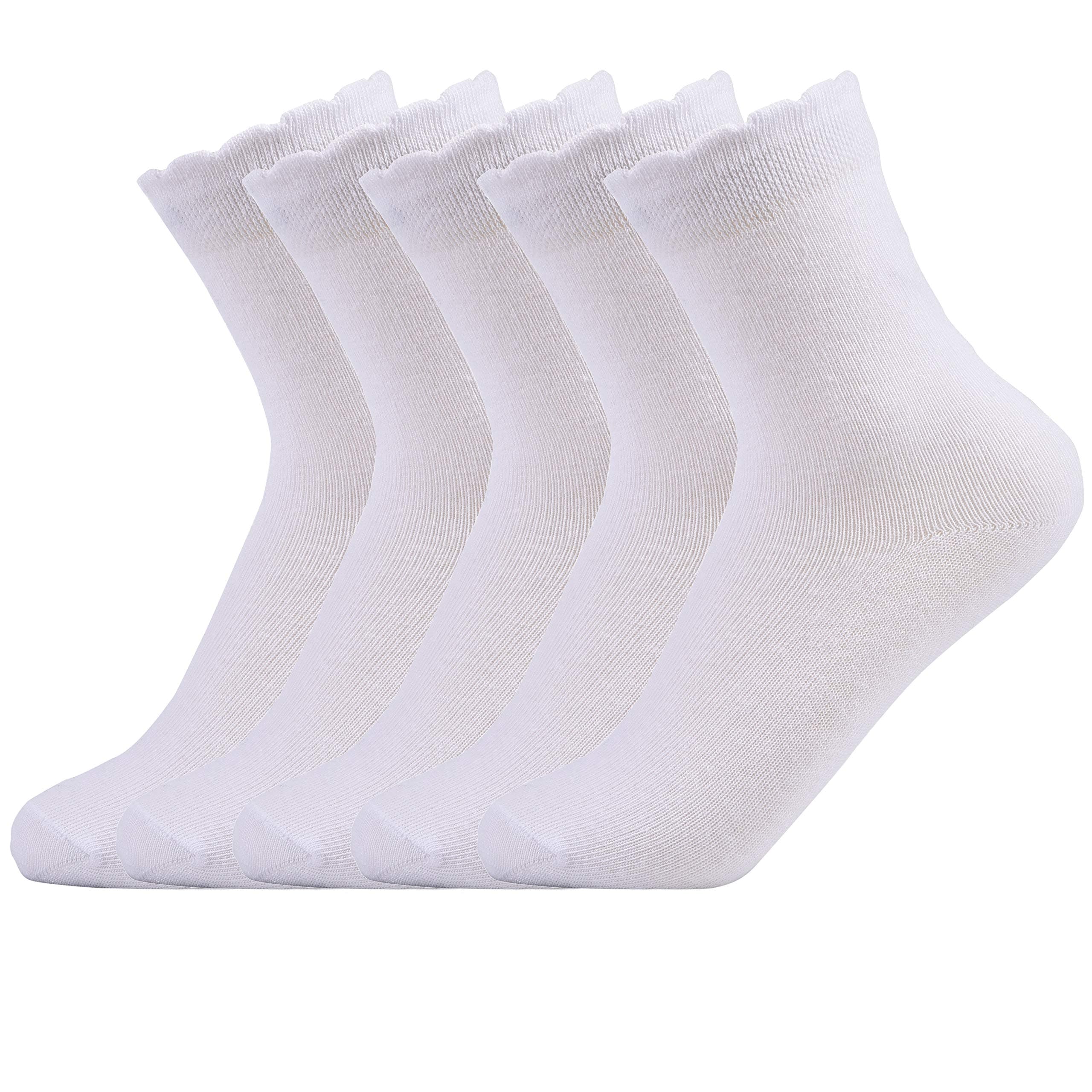 Laulax 5 Pairs Finest Combed Cotton Smooth Seamless Toe Girls School Socks, White Frill Top (3-18 years), Gift Set