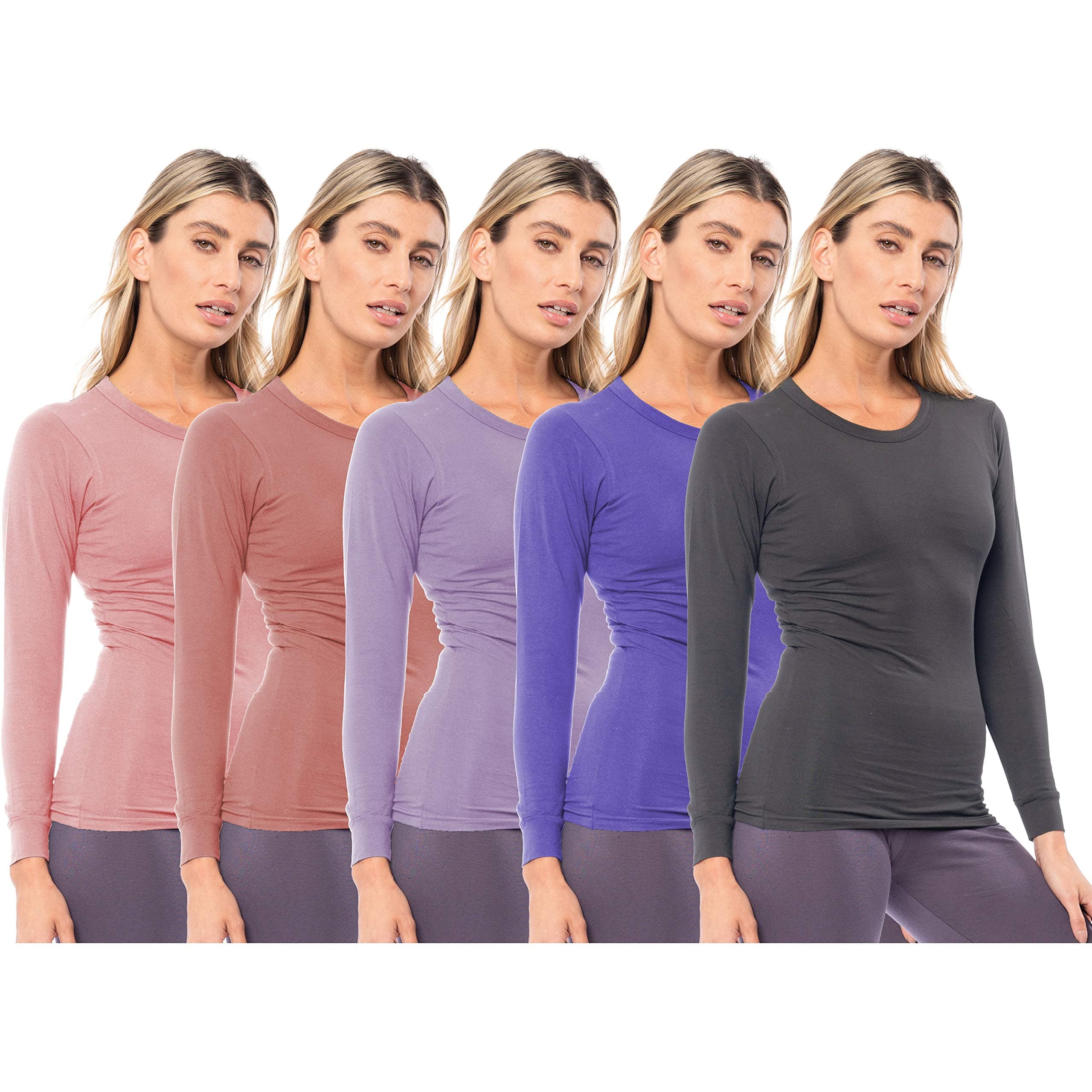 Sexy Basics Women's 5 Pack Casual & Active Basic Cotton Stretch Long Sleeve Round Crew Neck Athletic T-Shirt Tops