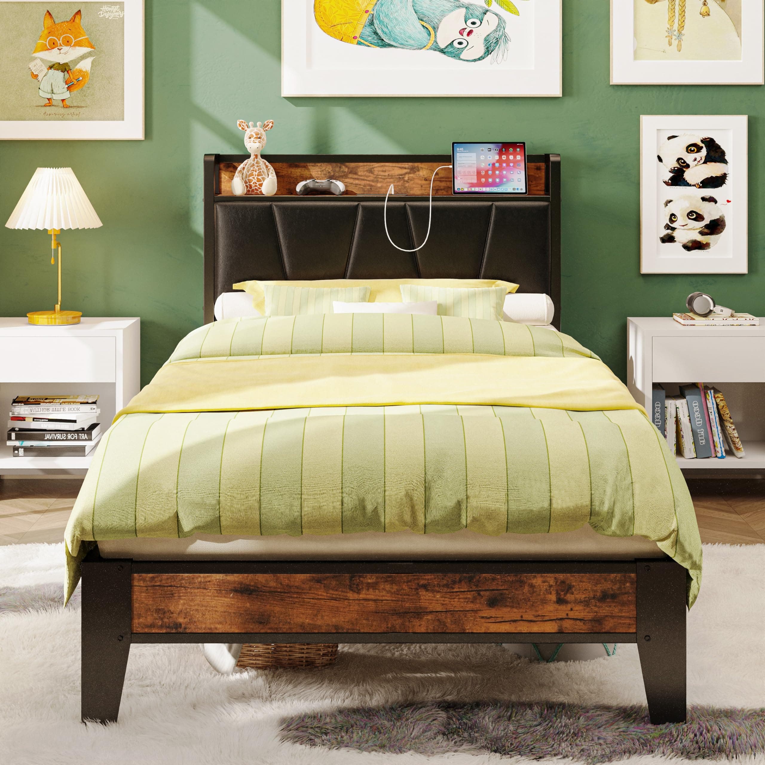 Twin XL Bed Frames, Storage Headboard with Charging Station, Solid and Stable, Noise Free, No Box Spring Needed, Easy Assembly (Vintage and Black)