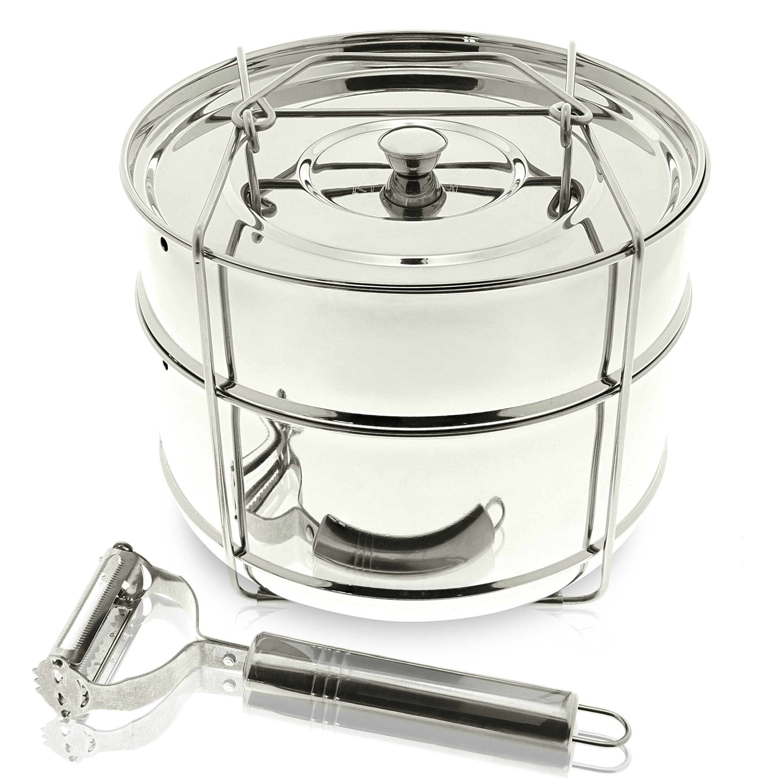Stackable Steamer Insert Pans - With Sling - 100% Stainless Steel - Includes Peeler + eBook + Interchangeable Lid