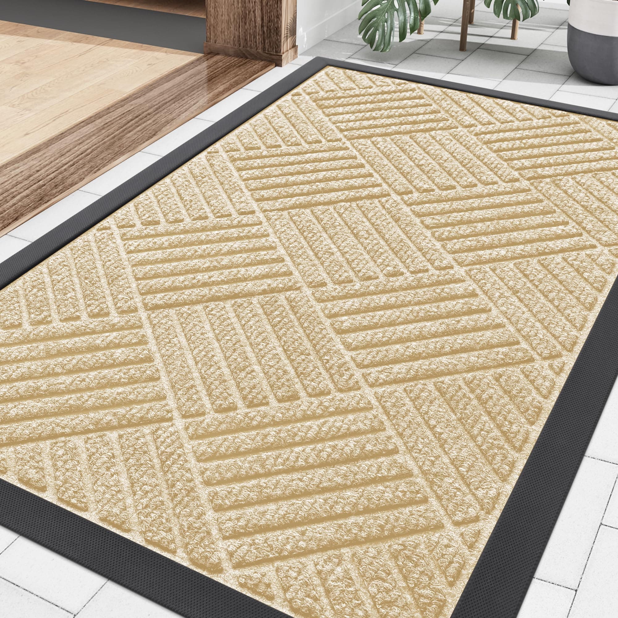 Smiry Front Door Mat Outside Entrance, Heavy Duty Outdoor Indoor Natural Rubber Doormat, Non Slip, Trap Dirt and Moisture, Easy Clean, Low Profile Patio Porch Entryway Mat, 29.5x17, Beige