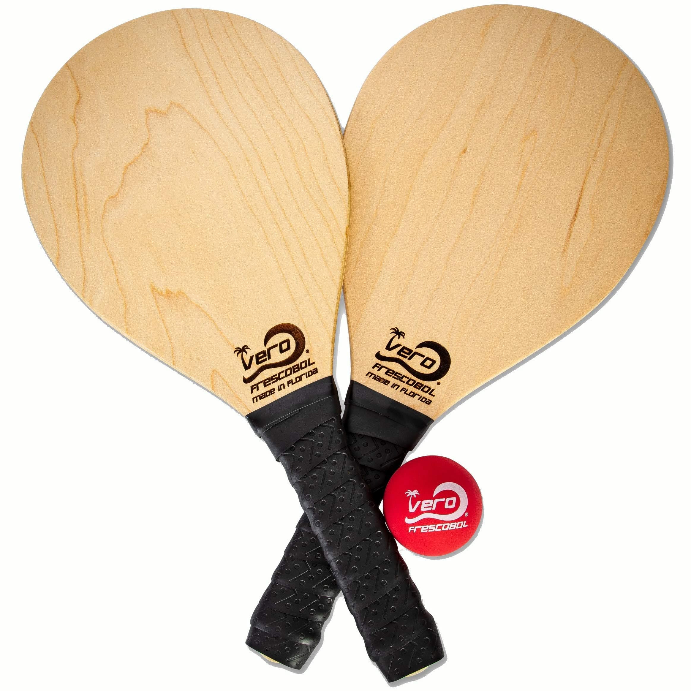 Vero American Birch Wood Frescobol Paddles Wrapped with Premium Padded Grips, Official Red & Orange Balls, Neoprene Protective Beach Bag. Made in USA.