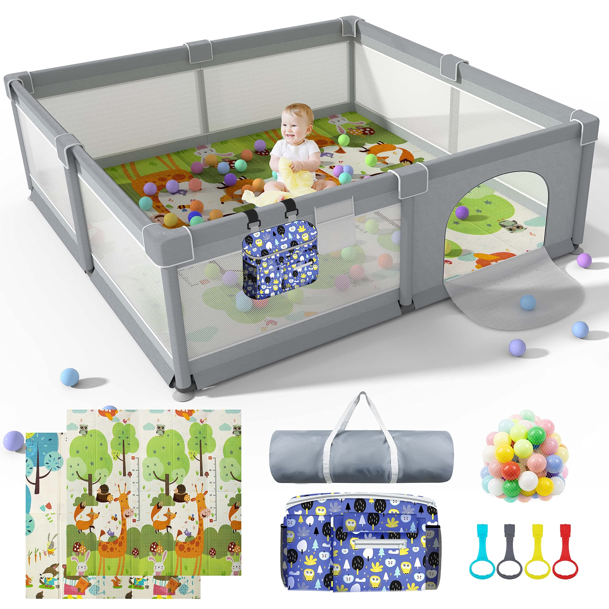 Baby Playpen 79" X 71", LUTIKIANG Play Yard for Babies and Toddlers with Mat, Safety Extra Large Baby Fence Area, Indoor & Outdoor Kids Activity Play Center with Anti-Slip Suckers and Zipper Gate.