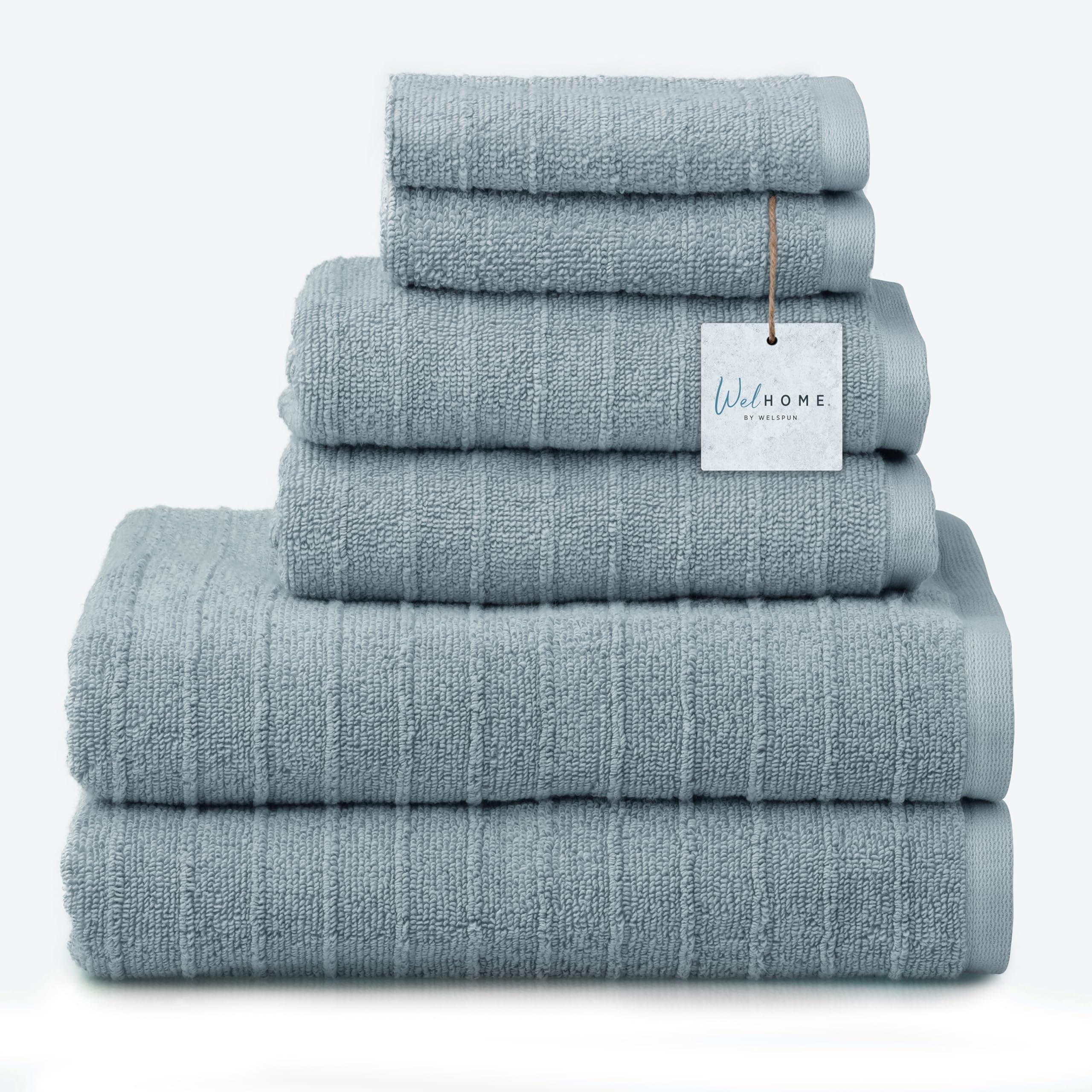 James 100% Cotton Textured Stripe Towel Set - 6 Piece Set of 2 Bath Towels, 2 Hand Towels, 2 Washcloths, Soft & Absorbent, Dusty Blue