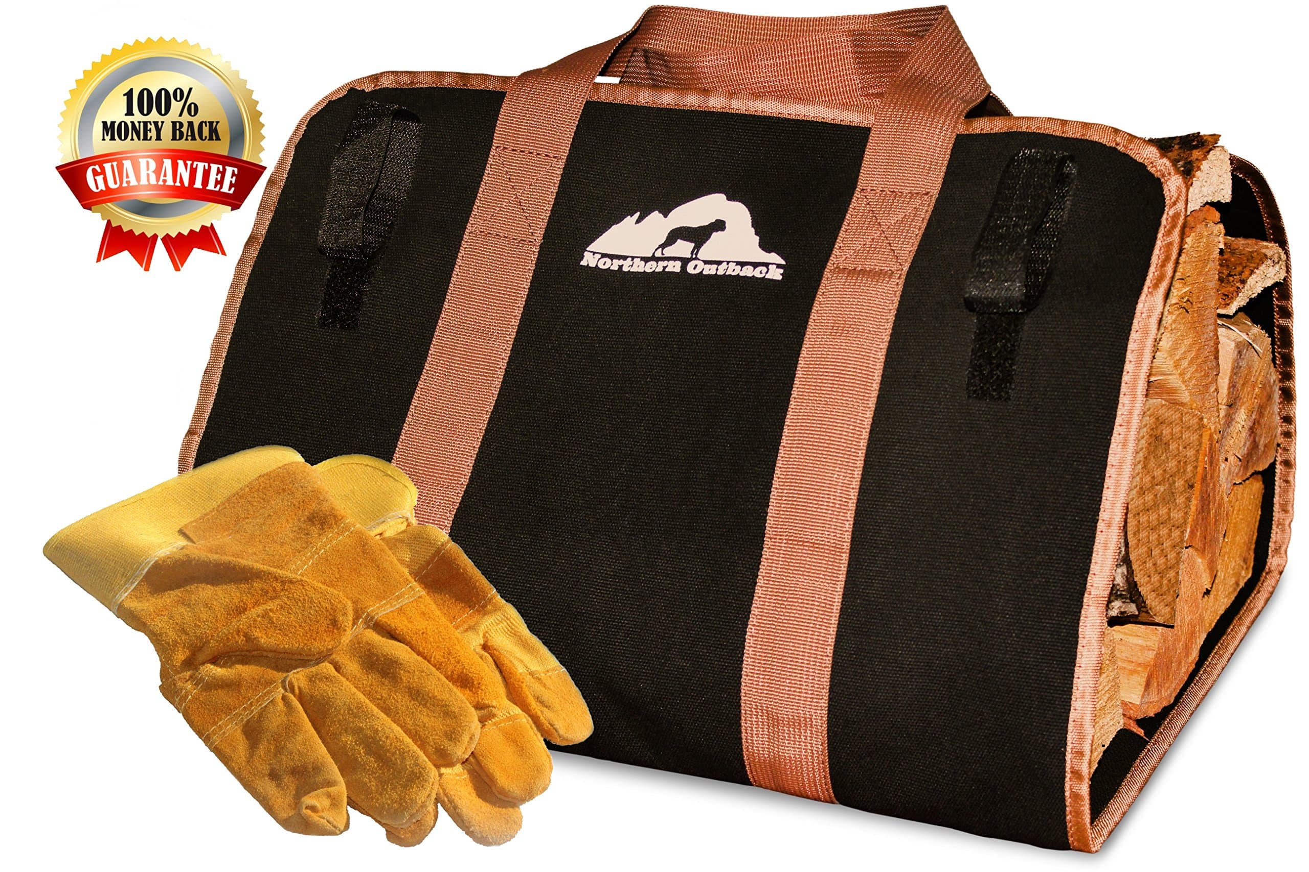 Northern Outback SUPERSIZED Firewood Log Carrier 16oz Canvas Wood Tote with BONUS Leather Work Gloves! - Best for Fireplaces - Wood Stoves - Firewood - Logs - Camping - Beaches - Landscaping!