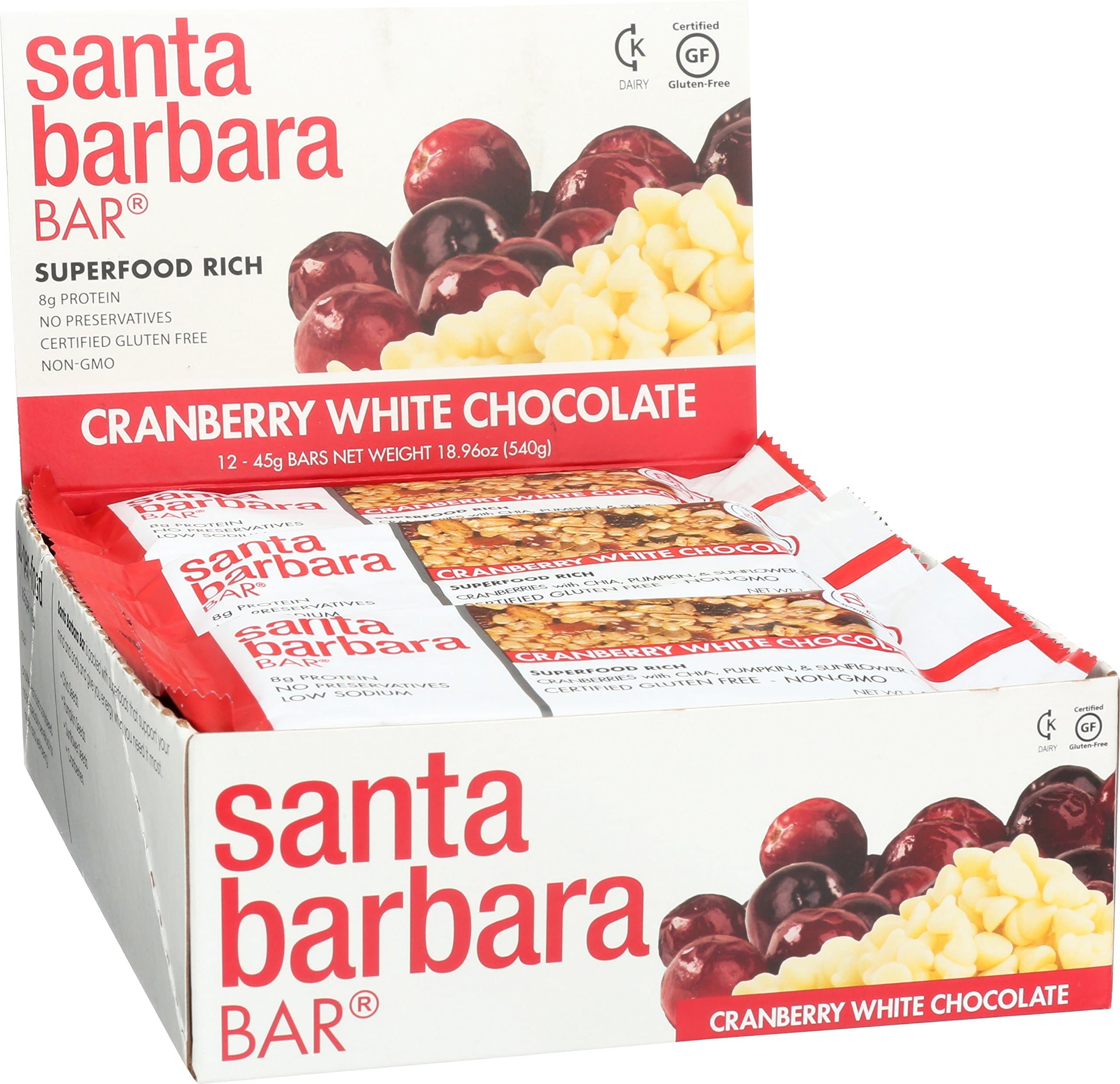 Santa Barbara Bar - Cranberry White Chocolate, Superfood Protein Bar, Gluten Free, Non-GMO, 1.58 oz Bar, (Pack of 12)