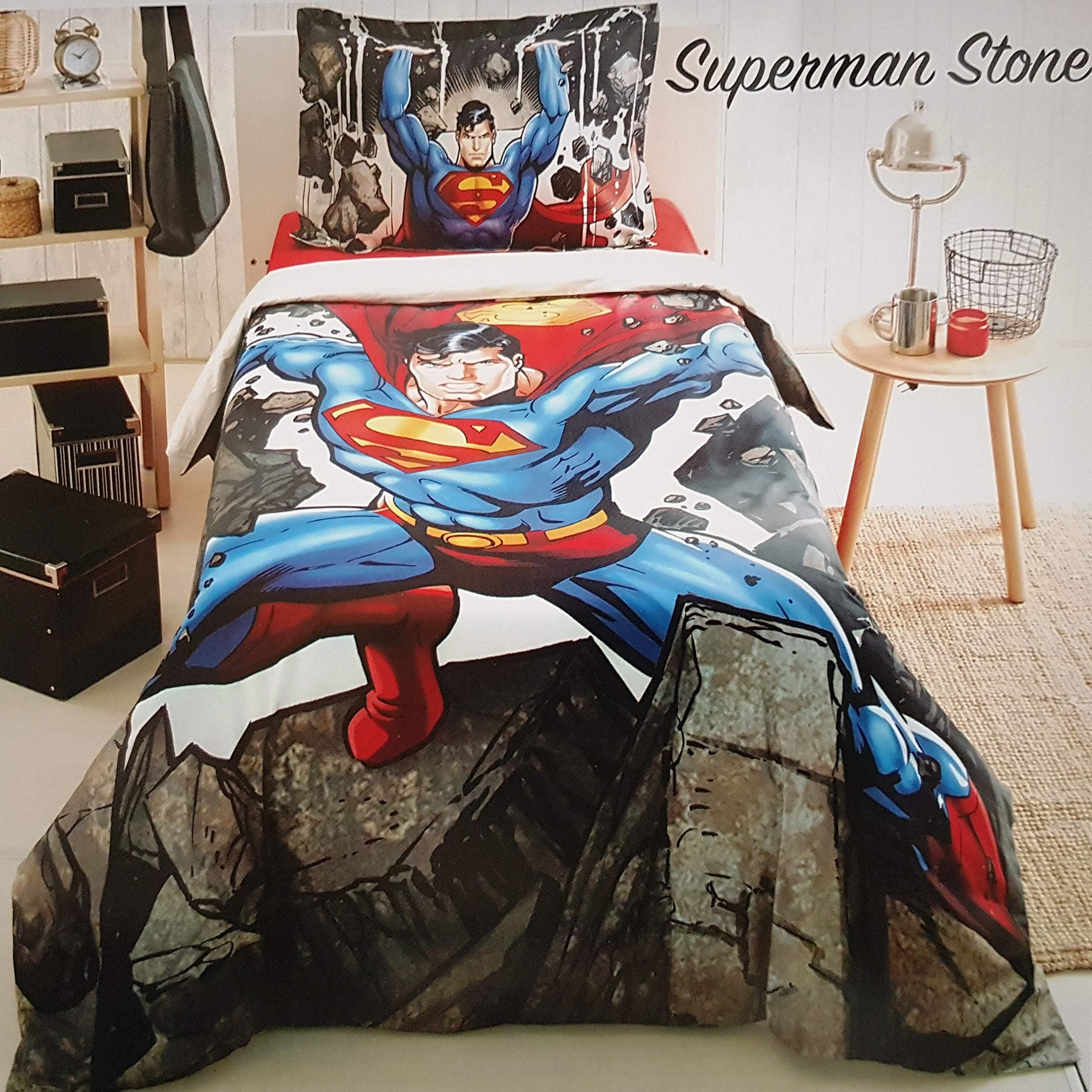 Superman Stone Children's Duvet Cover Quilt Cover Bedding Set Single/Twin Bedding for Boys 100% Cotton (3 PCS)