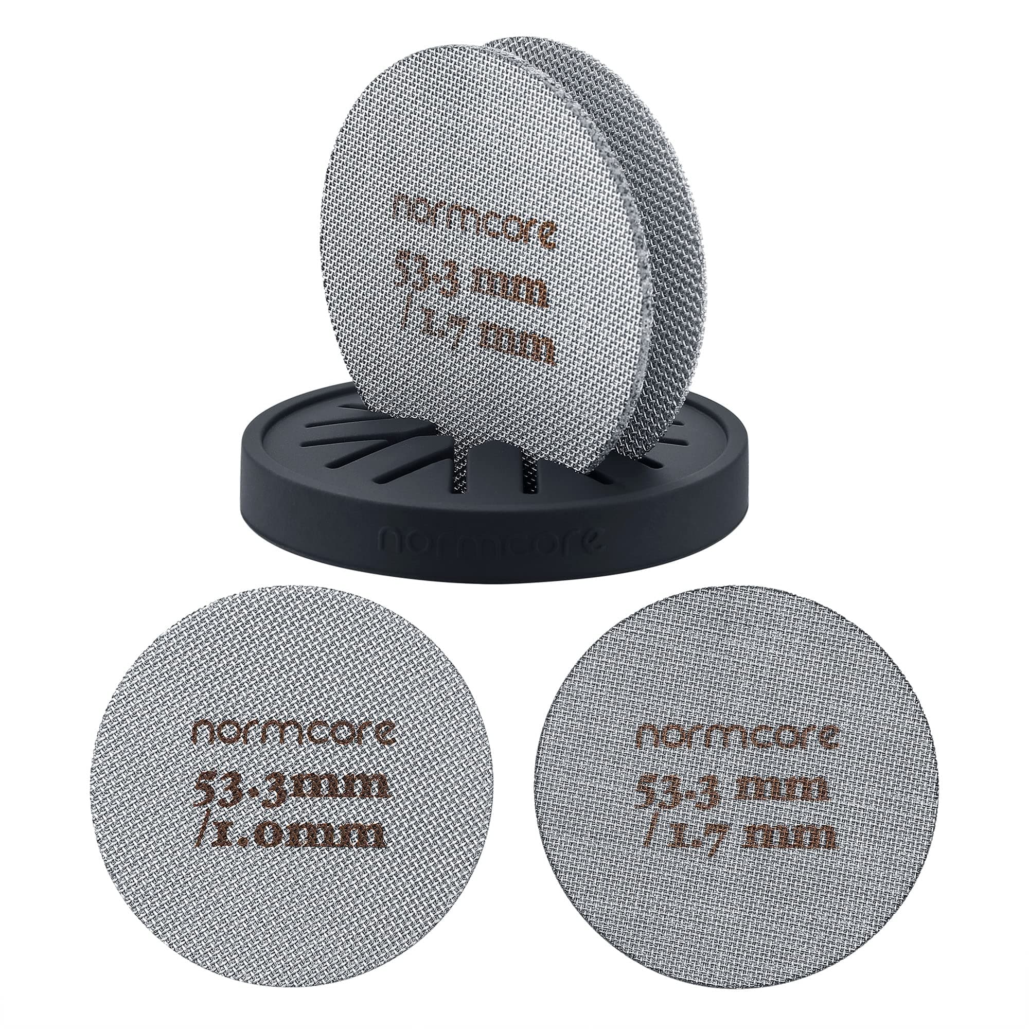 Normcore 2 Pack, 53.3 mm Puck Screen with Stand, Reusable Contact Shower with Silicone Holder, 1.7mm, 1.0mm Thickness 150µm Mesh, Compatible with Espresso Machine 54mm Portafilter Basket
