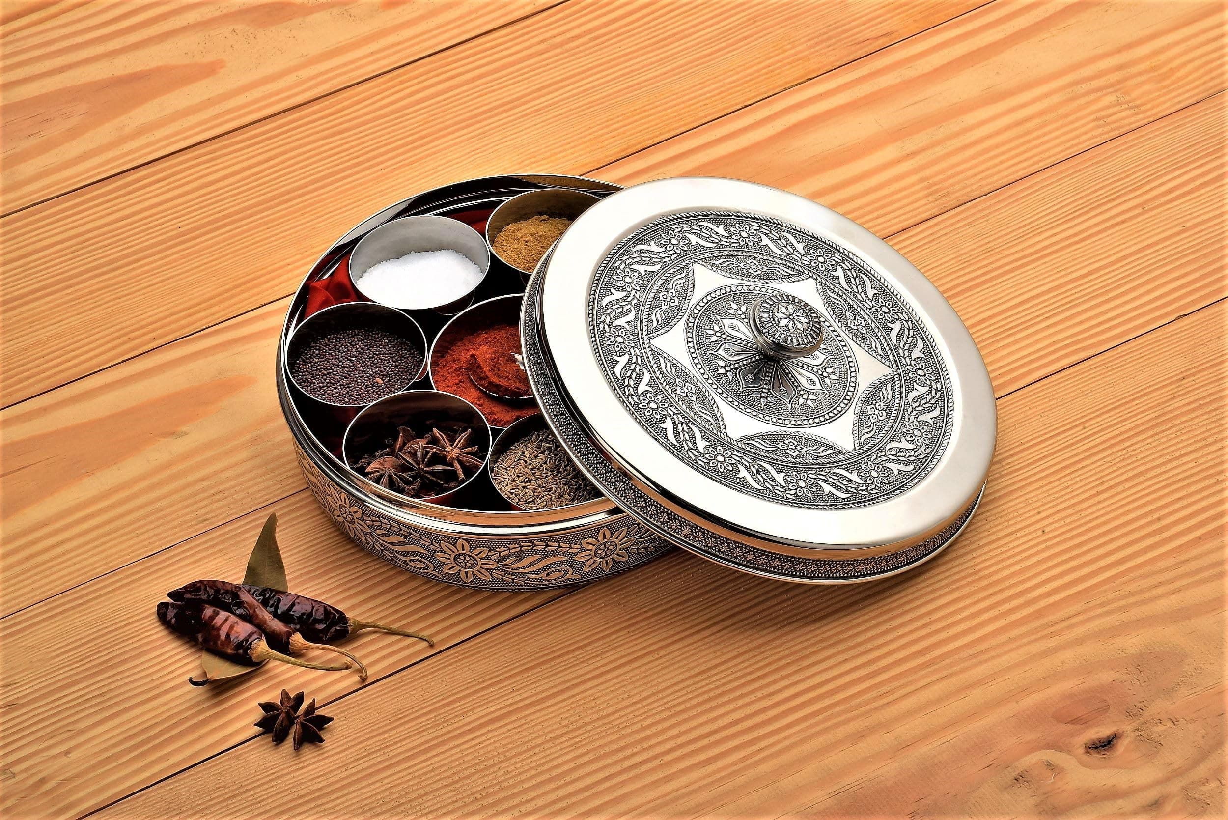 Stainless Steel Masala Box For Kitchen 7 Spices Storage Containers and Spoon Capacity (600gm) Masala Dani Spice Box for Kitchen with Lid (Silver)