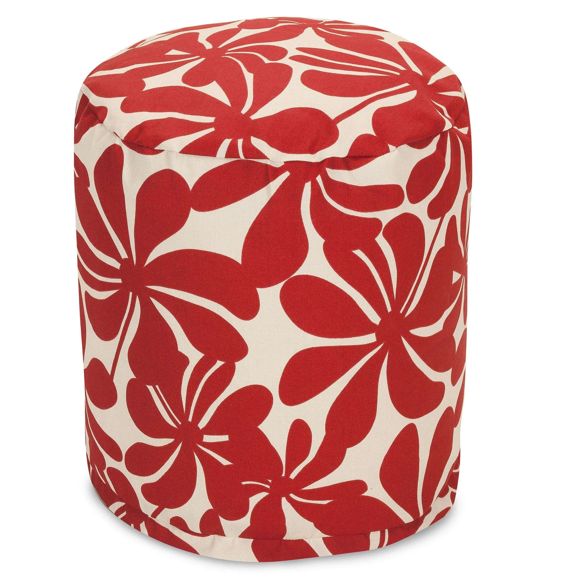 Single Piece Red Round Shape Small Ottoman, Plantation & Geometric Pattern, Polyester Material, Standard Type Pouf, Spot Clean Care Instruction, Removable Zipper Cover, Dark Red, White