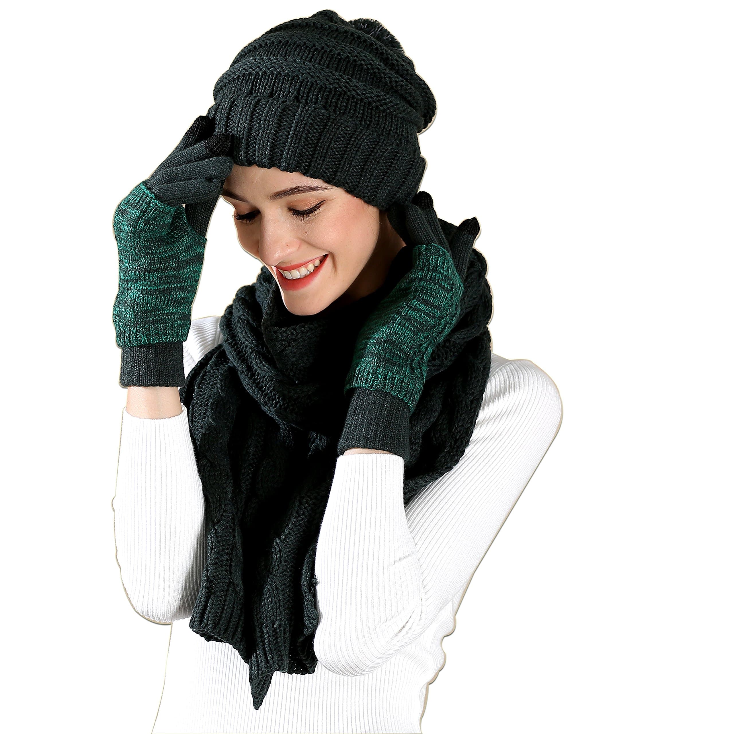 Hat Scarf and Gloves Set for Women - Cable Knit Beanie with Pom, TouchScreen Gloves, Warm Winter Gift