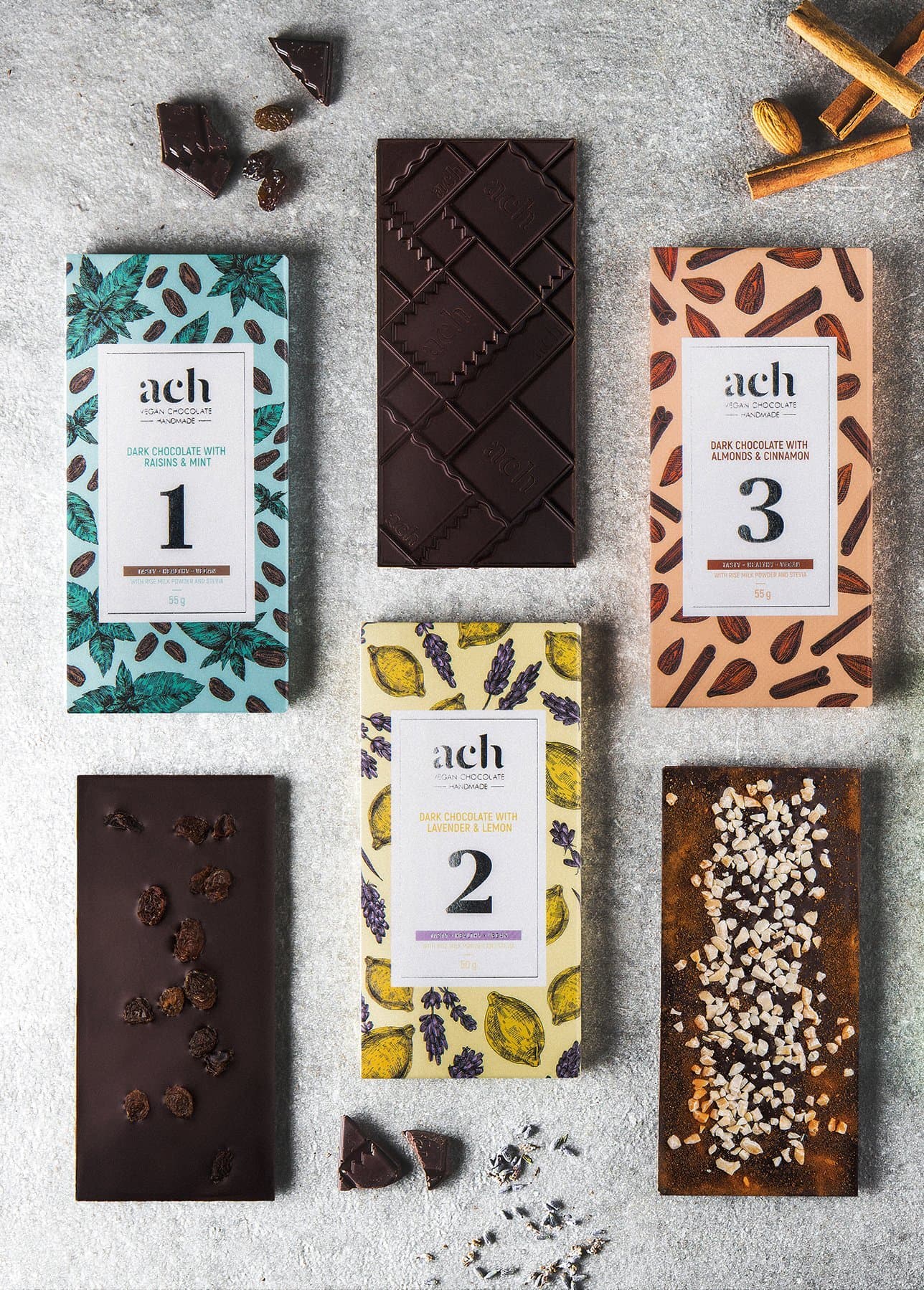 Luxurious Organic Vegan Handmade Dark Chocolate Set 3 Flavors Dark Chocolate with Raisins and Mint / Lavender and Lemon / Almonds and Cinnamon