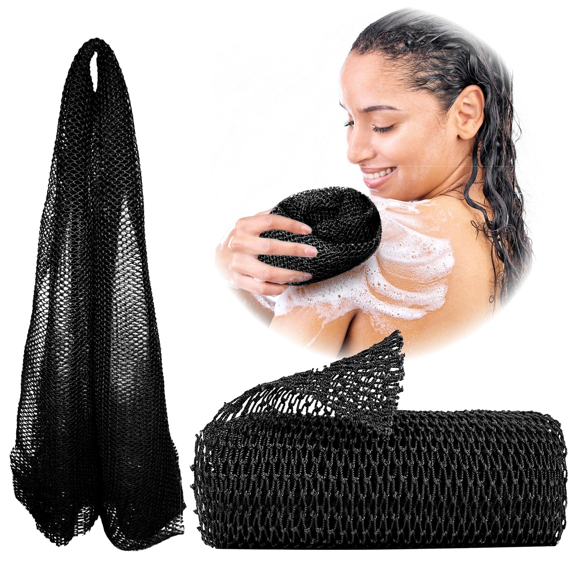 Adeton African Net Sponge, Authentic, with Knots, Exfoliating Bath Wash Cloth, Real Sapo, Black Owned, Long Sponge, Body Exfoliator, Shower Accessories, Back Foot Scalp Scrub Dead Skin Remover (Black)