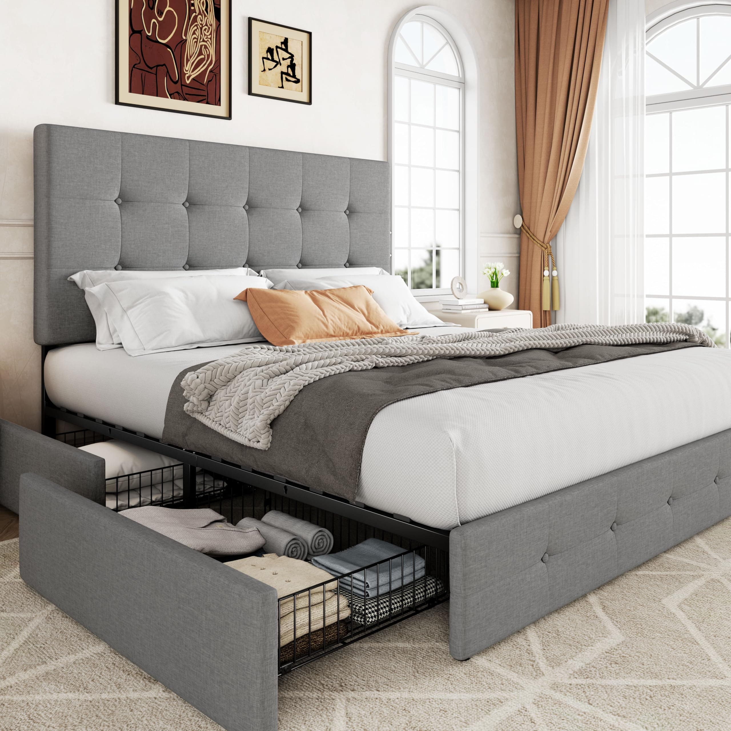 Allewie Upholstered Queen Size Platform Bed Frame with 4 Storage Drawers and Headboard, Square Stitched Button Tufted, Mattress Foundation with Wooden Slats Support, No Box Spring Needed, Light Grey