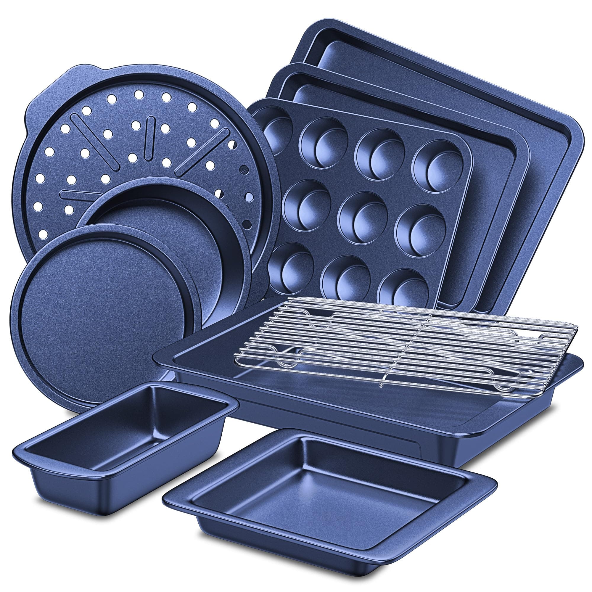 HONGBAKE Bakeware Sets, Baking Pans Set, Nonstick Oven Pan for Kitchen with Wider Grips, 10-Piece Including Rack, Cookie Sheet, Cake Pans, Loaf Pan, Muffin Pan, Pizza Pan - Blue