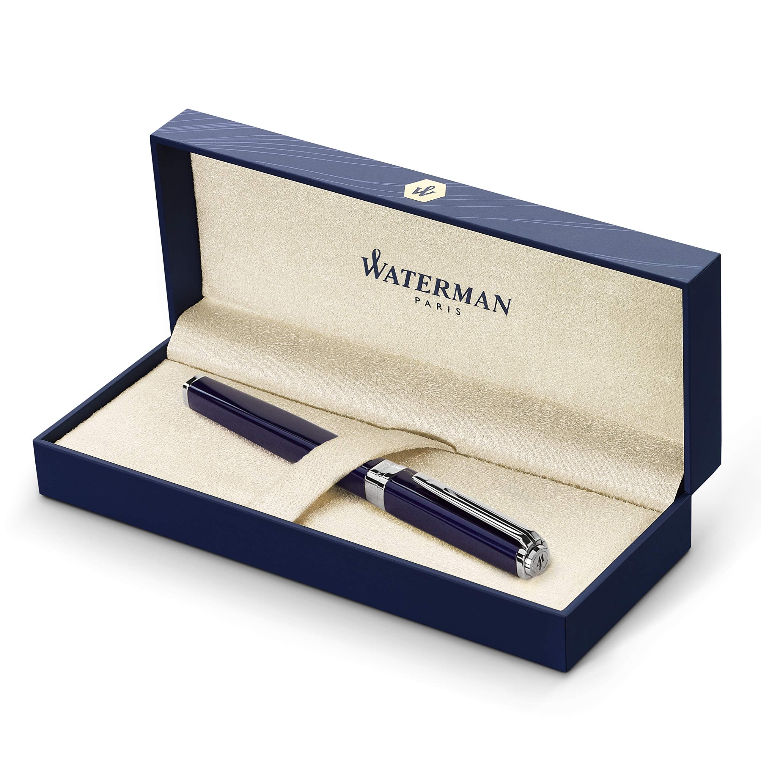 Waterman Exception Fountain Pen, Slim Blue with Silver Plated Clip, Fine Nib with Blue Ink Cartridge, Gift Box