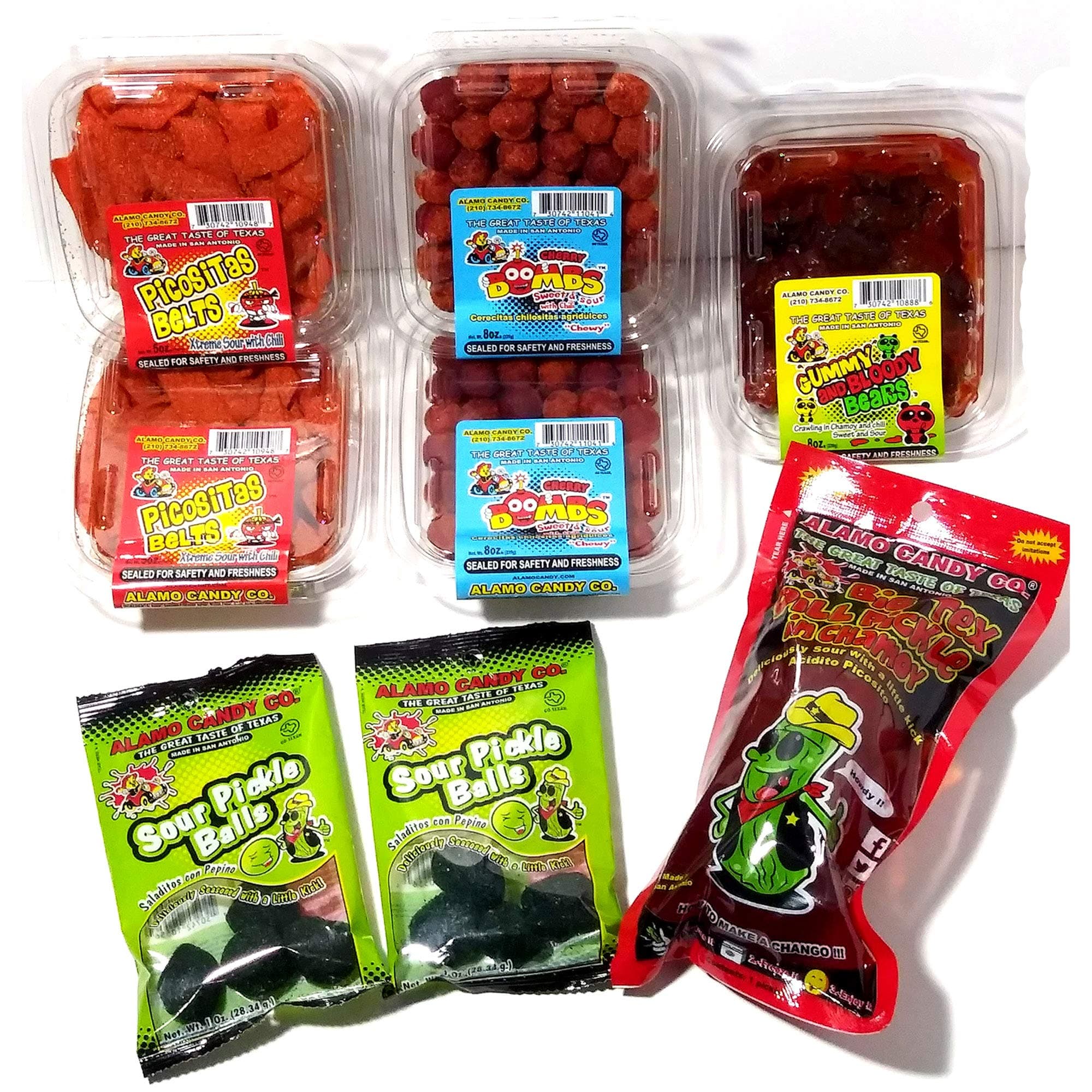 Alamo Candy Variety Pack - Mexican Candy Mix (8 Count) - Gummy Bears In Chamoy and Chili, Cherry Bombs With Chili, Big Tex Dill Pickle In Chamoy, Sour Chewy Chili Belts, and Sour Pickle Balls