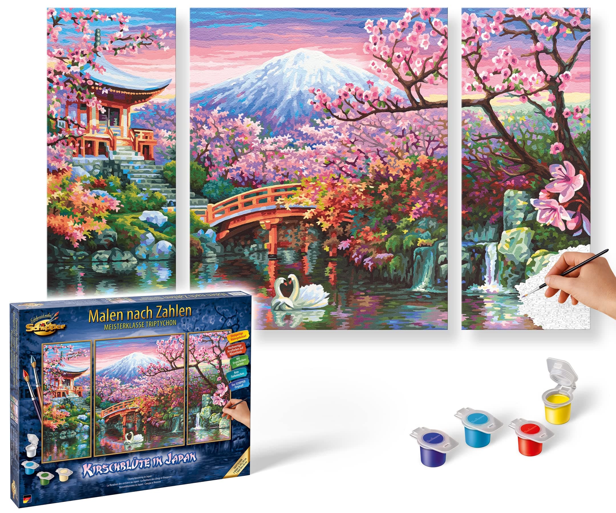 609260751 Adults’ Painting by Numbers Kit, Cherry Blossoms In Japan, Includes Brush and Acrylic Paints, Triptych, 50 x 80 cm