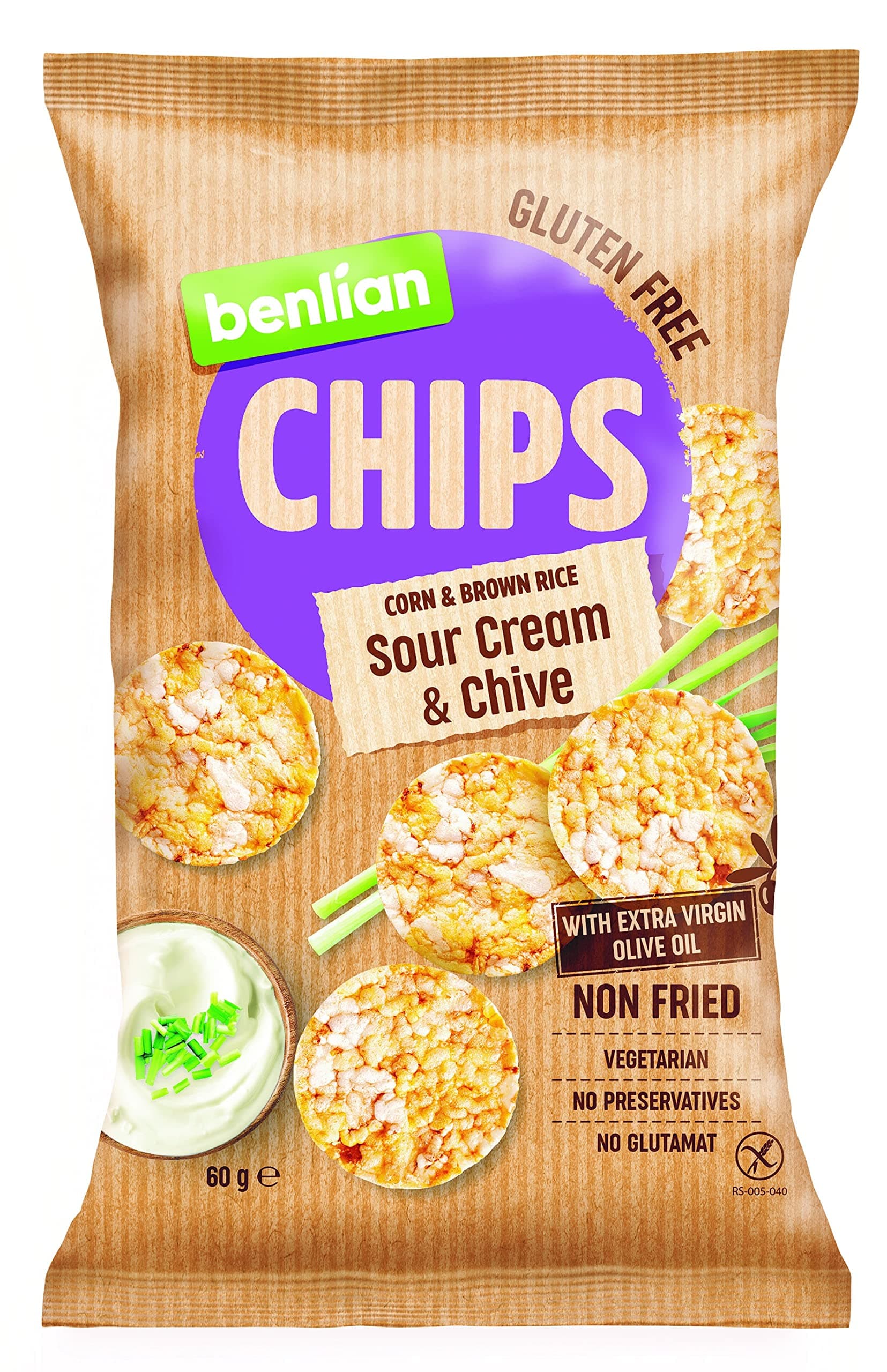 Benlian Gluten Free Chips Corn & Brown Rice, Sour Cream Chive 60g | With Extra Virgin Olive Oil, Non Fried, Vegetarian, No Preservatives, Glutamat