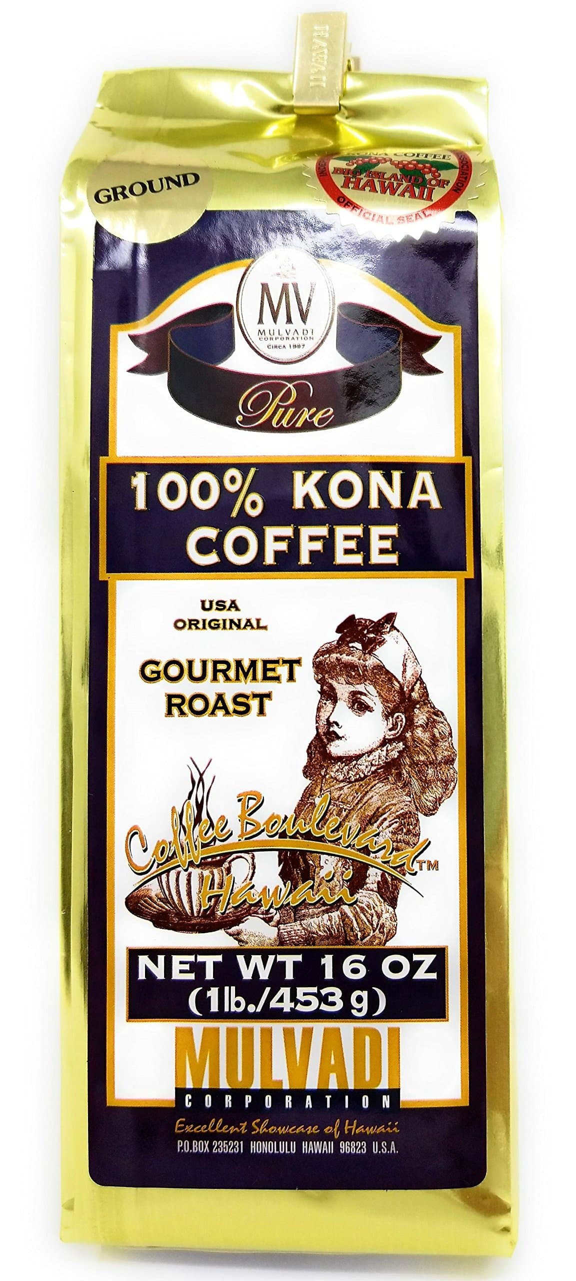 Mulvadi 100% Hawaii Kona Coffee Ground Gourmet Roast (16 Oz./453 g)