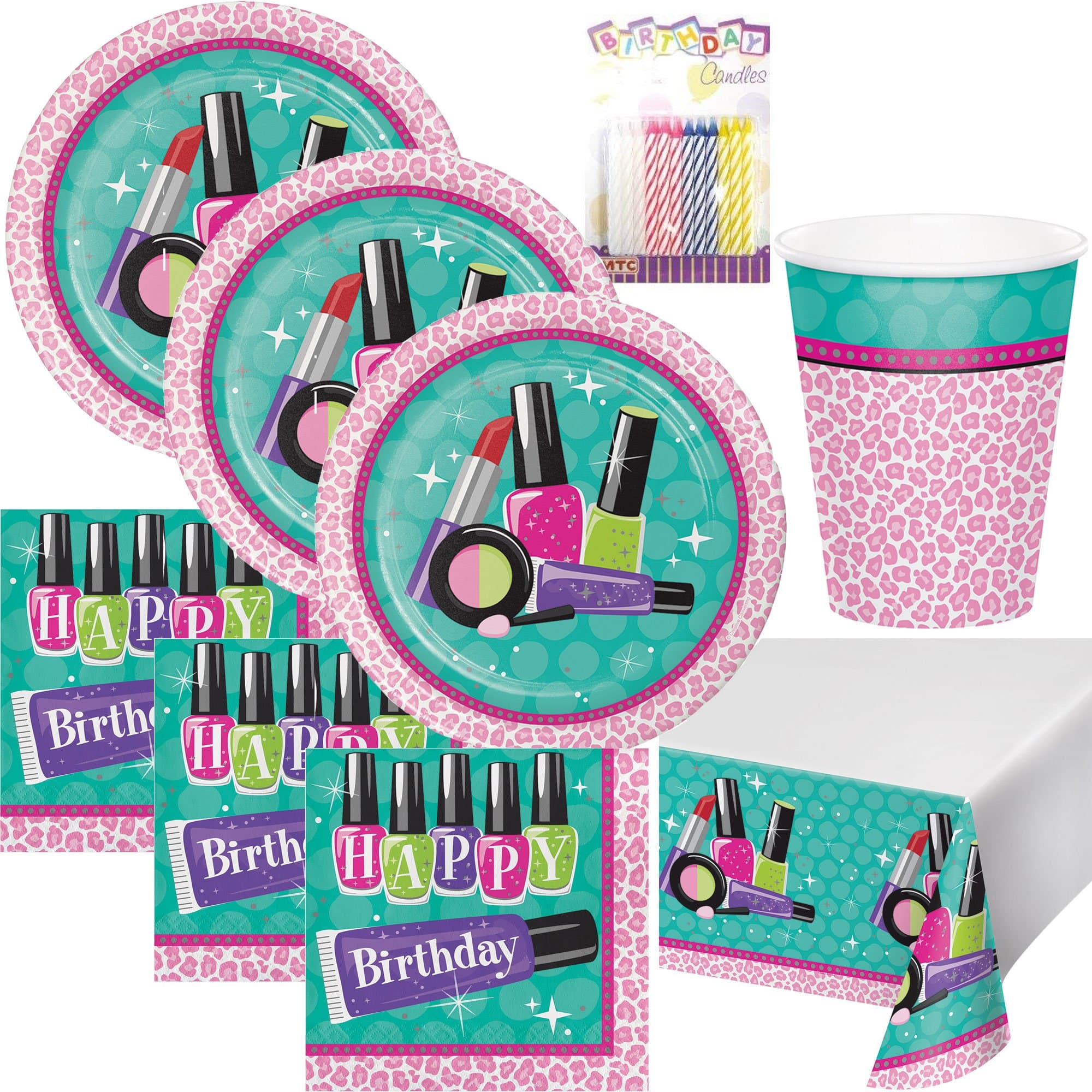 Sparkle Spa Makeup Theme Teen Party Supplies Pack (Serves-16) Plates Napkins Cups and Tablecloth - Teen Beauty Party Supply Tableware Set Kit includes Birthday Candles
