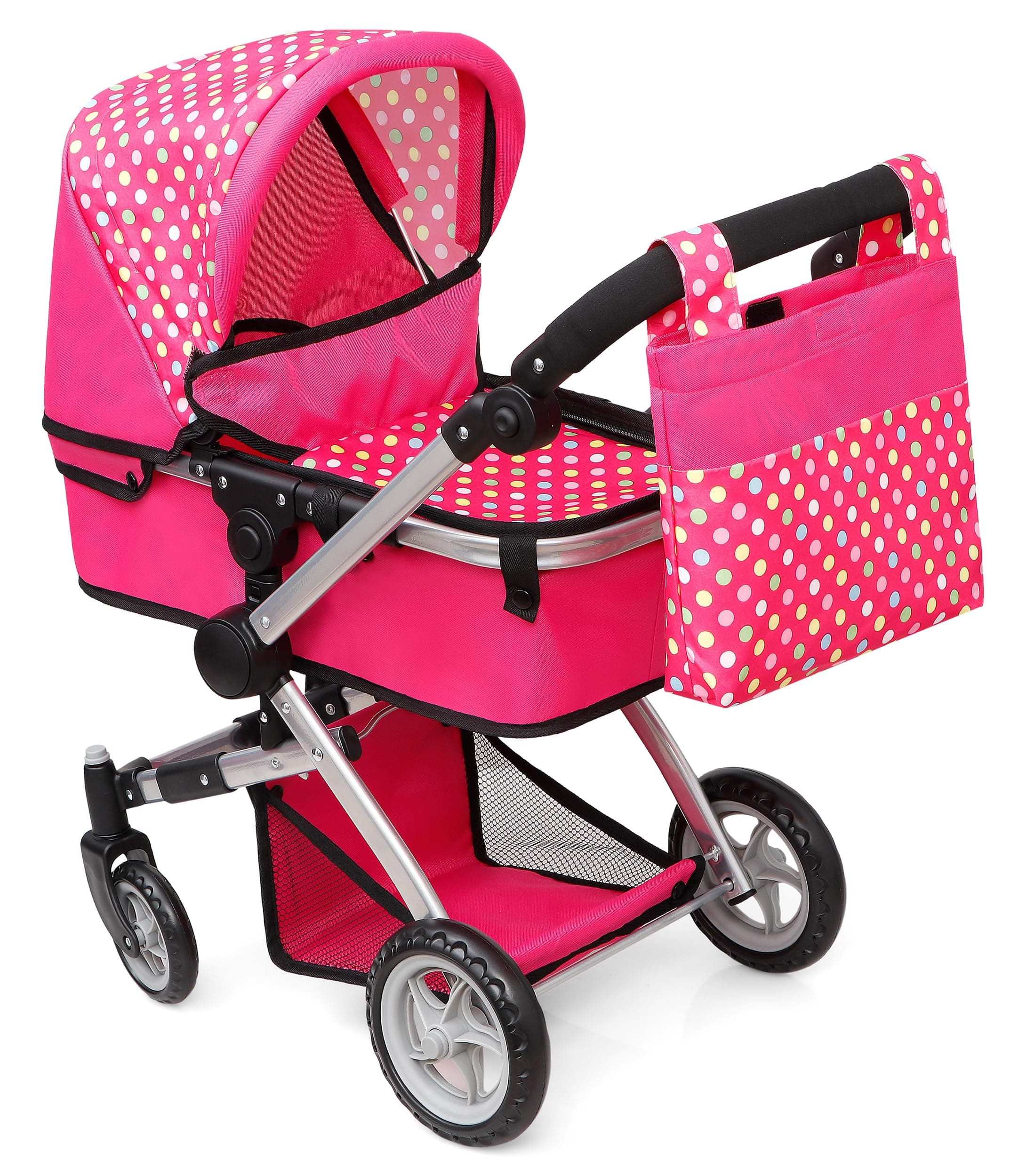 Exquisite Buggy | Foldable Pram For Baby Doll With Polka Dots Design With Swiveling Wheel Adjustable Handle With 2 Free Magic Toy Bottles