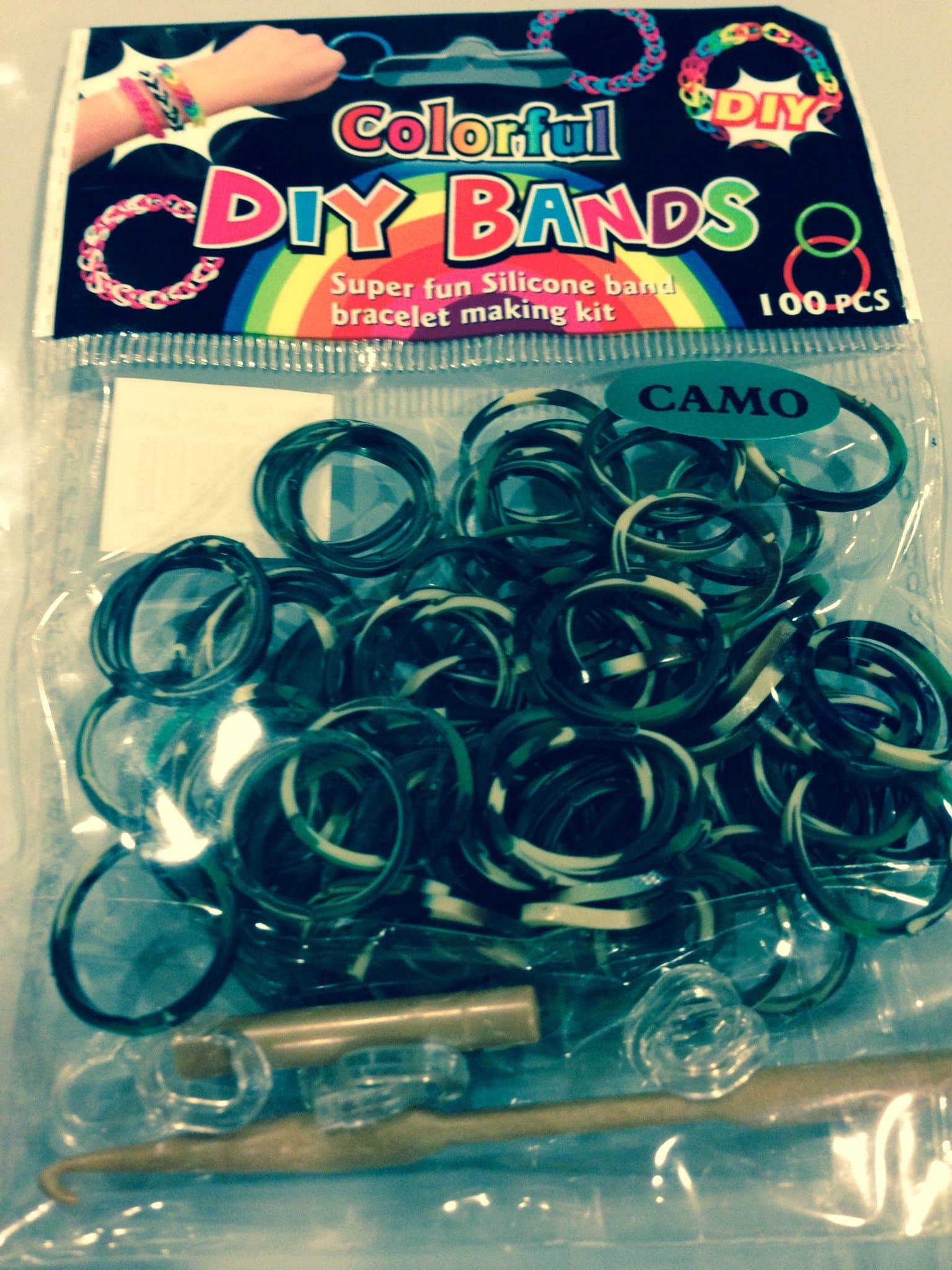 CAMO Tie Dye Camouflage Rubber Band Bracelet 100% Silicone Loops with C Buckle Clips and New and Improved Crochet Tool