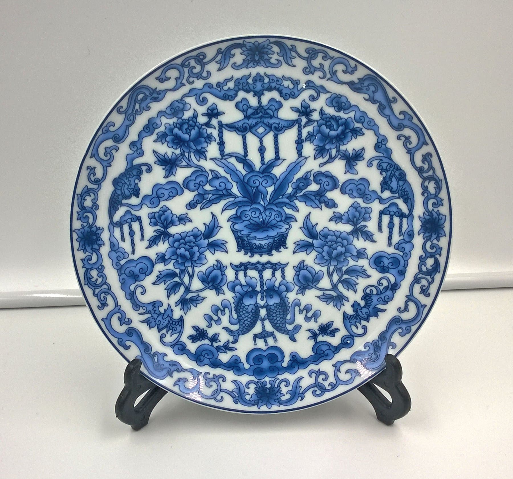 Chinese Porcelain Plate (8" Diameter) - Qing Dynasty (Qianlong) Blue & White Double Koi Fish Symbol of "Prosperity and Abundance" (Reproduction)