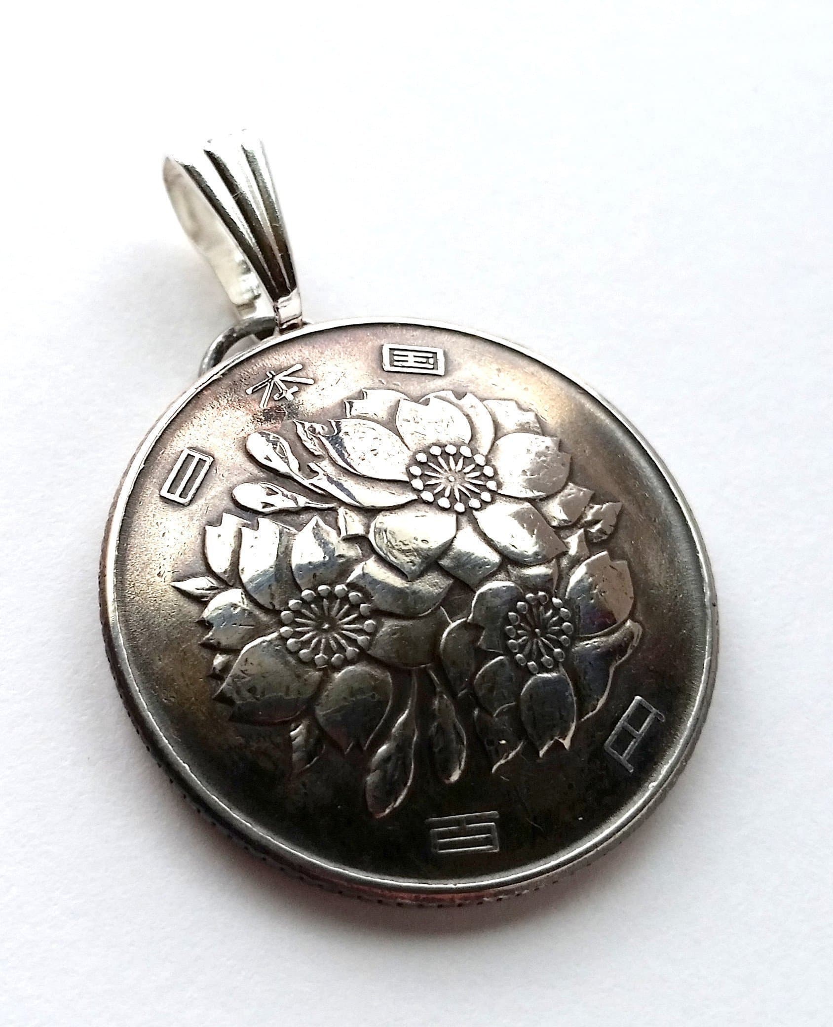 Japan Cherry Blossom Flower Coin Pendant , Vintage Necklace , Unique Charm , Japanese Jewelry, Gift for Her