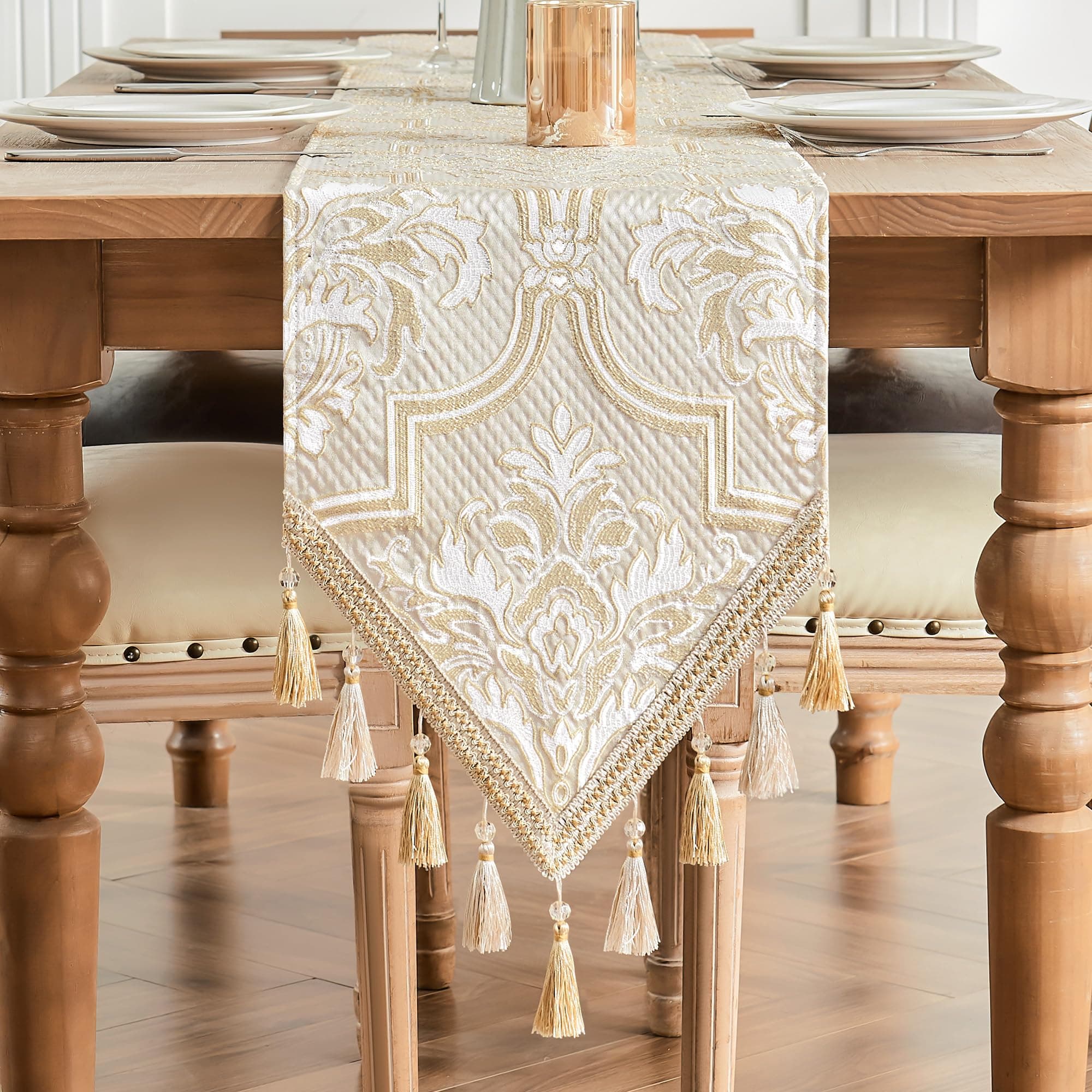 TOPLUXE Damask Fabric Table Runner, Table Runner Decoration for Dining / Kitchen / Restaurant / Banquet / Party Table Decoration (33 x 274 cm, White & Yellow)