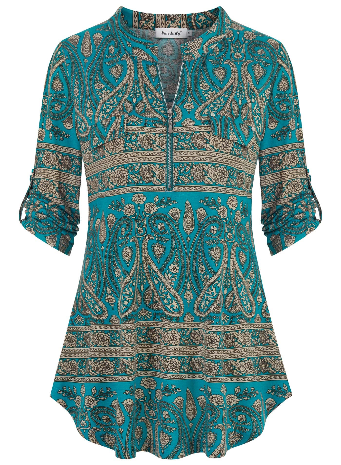 NinedailyWomen's 3/4 Sleeve Plaid Shirts Zip Floral Casual Tunic Blouse Tops