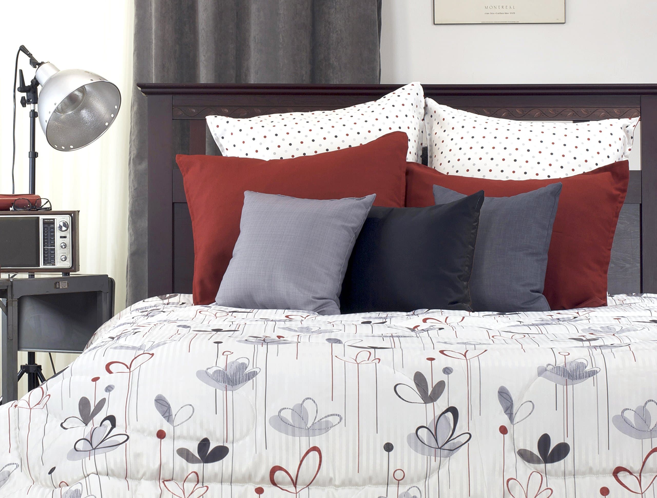 Petal Floral 3-Piece Comforter Set, Queen, White/Grey/Black/Red