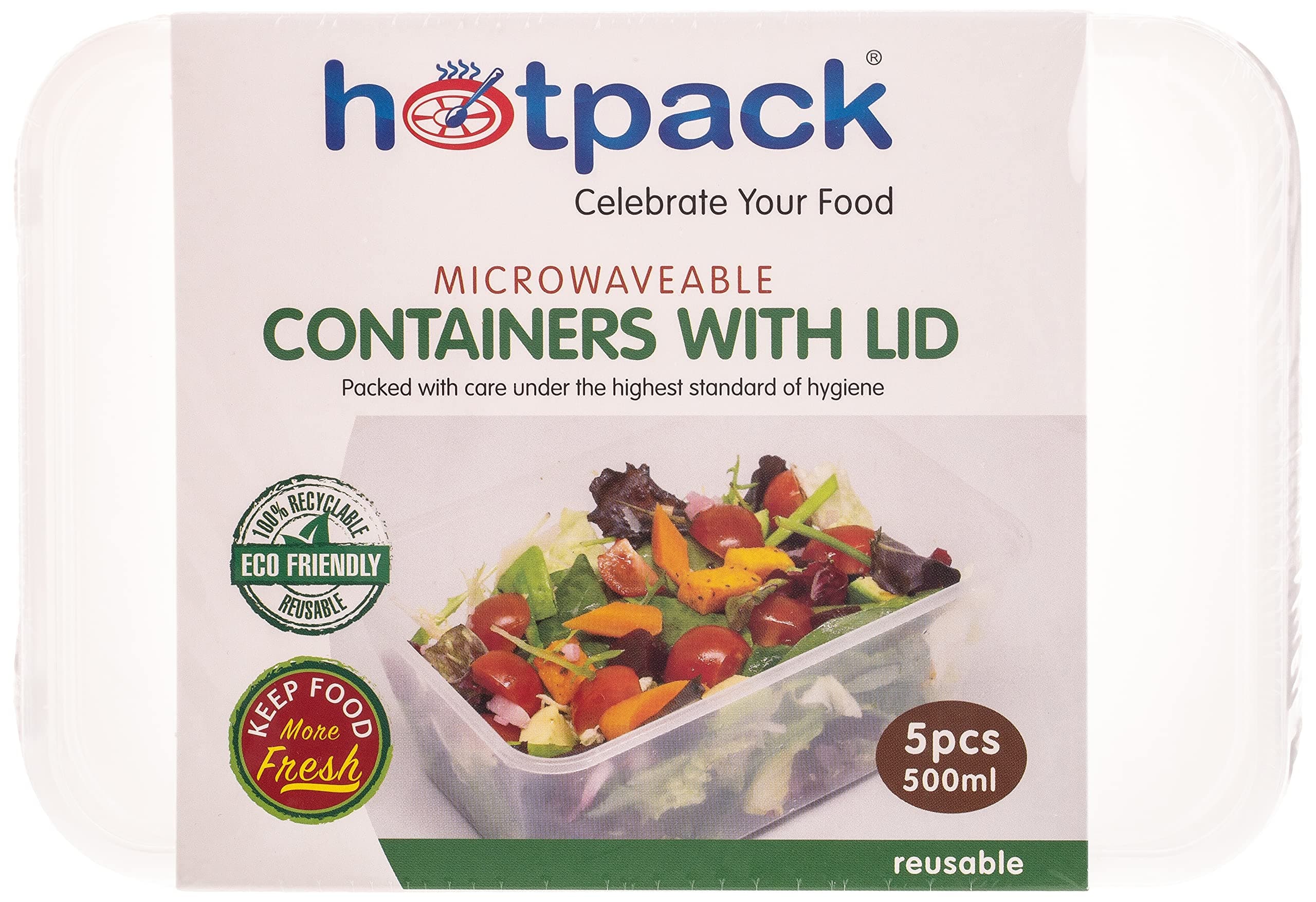 Hotpack Disposable Microwavable food take away, Storage Rectangular Container 500ml with Lid, 5Pieces