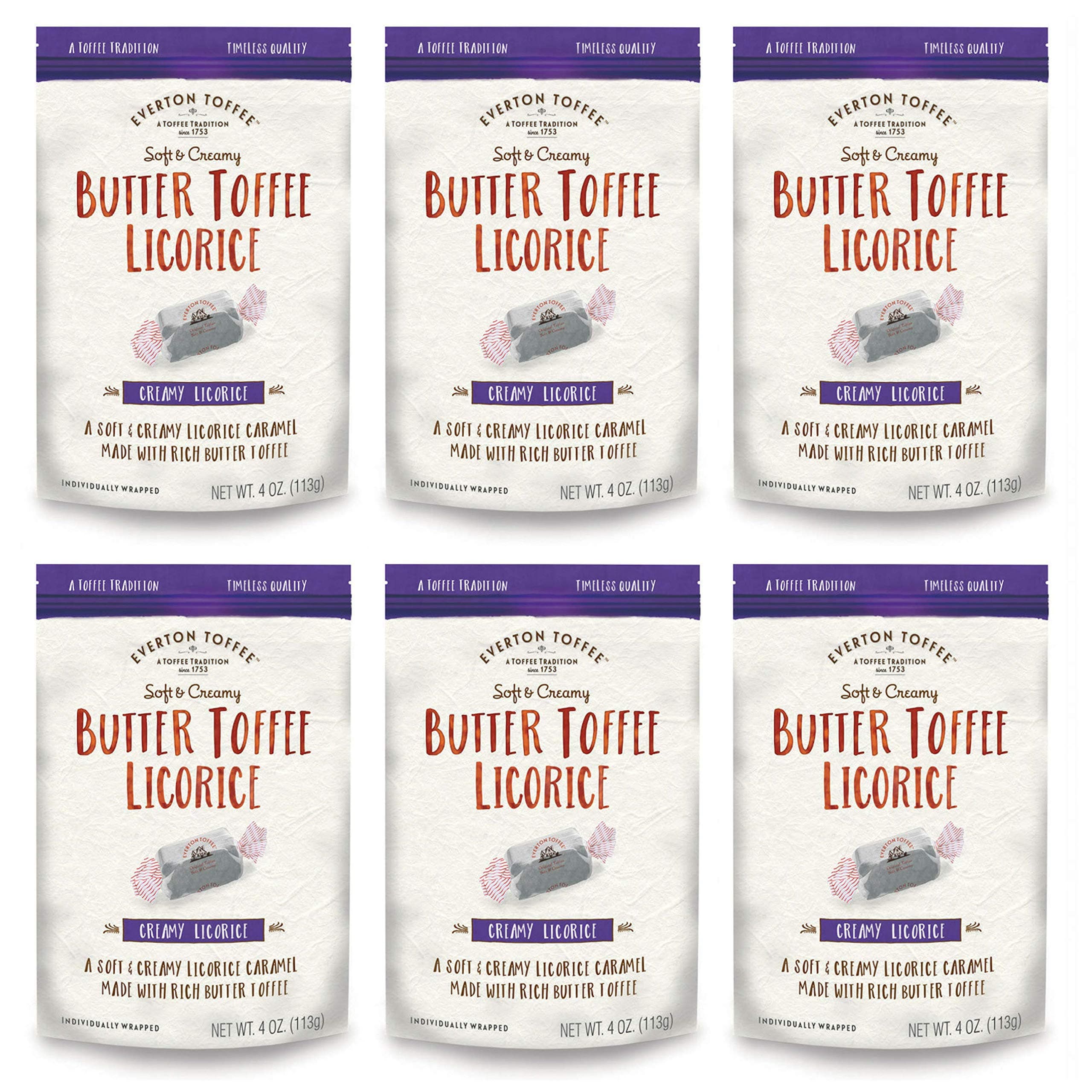 Everton Toffee Butter Toffee Caramels, Licorice Flavor (4 oz. bag, 6-pack). Gourmet, Artisan Soft and Creamy Toffee Caramels, Small Batch Crafted Carmel Candy Treats