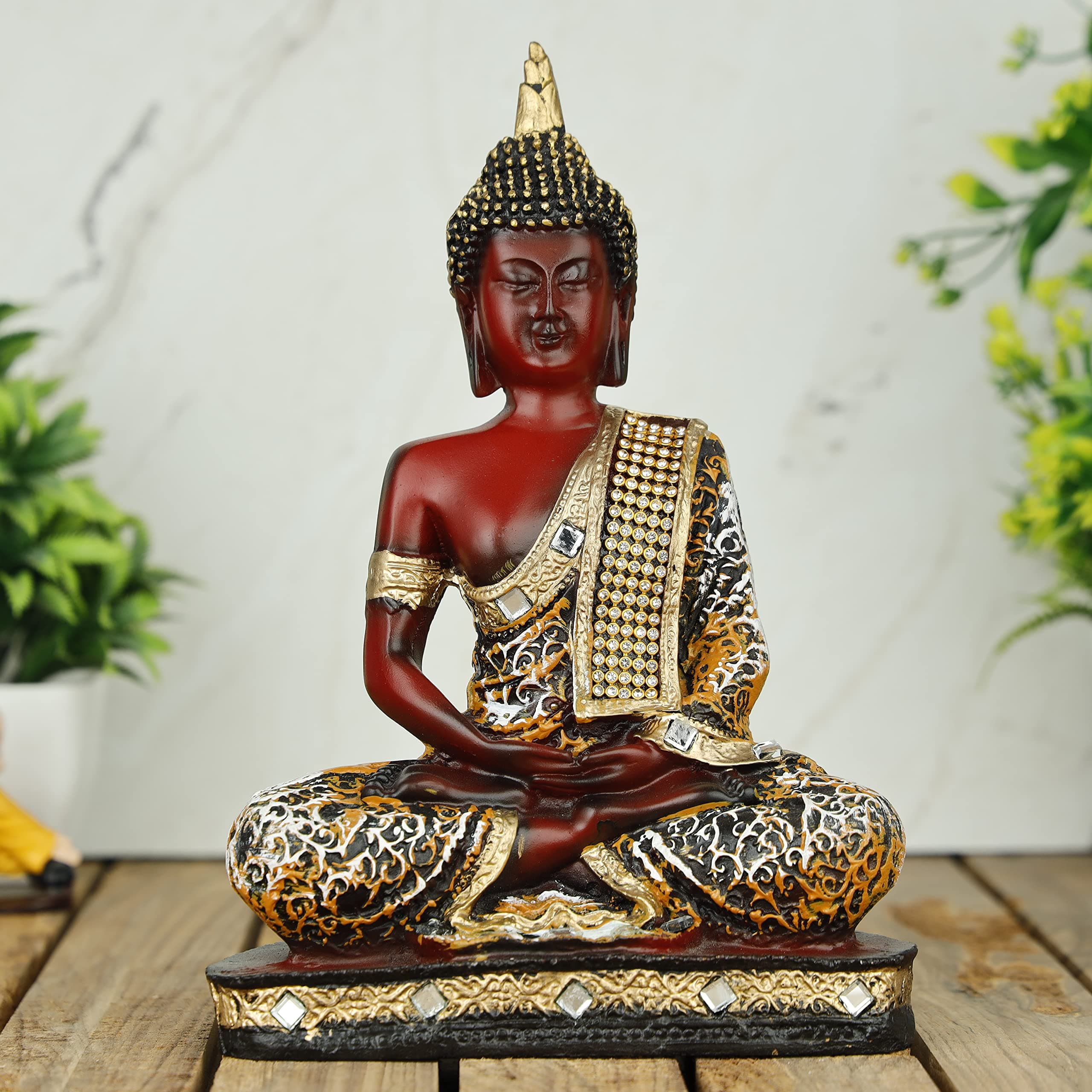 Global Grabbers Polyresin Sitting Buddha Idol Statue Showpiece for Home Decor Decoration Gift Gifting Items-ORG_WT_MR-BS2-(00), Orange