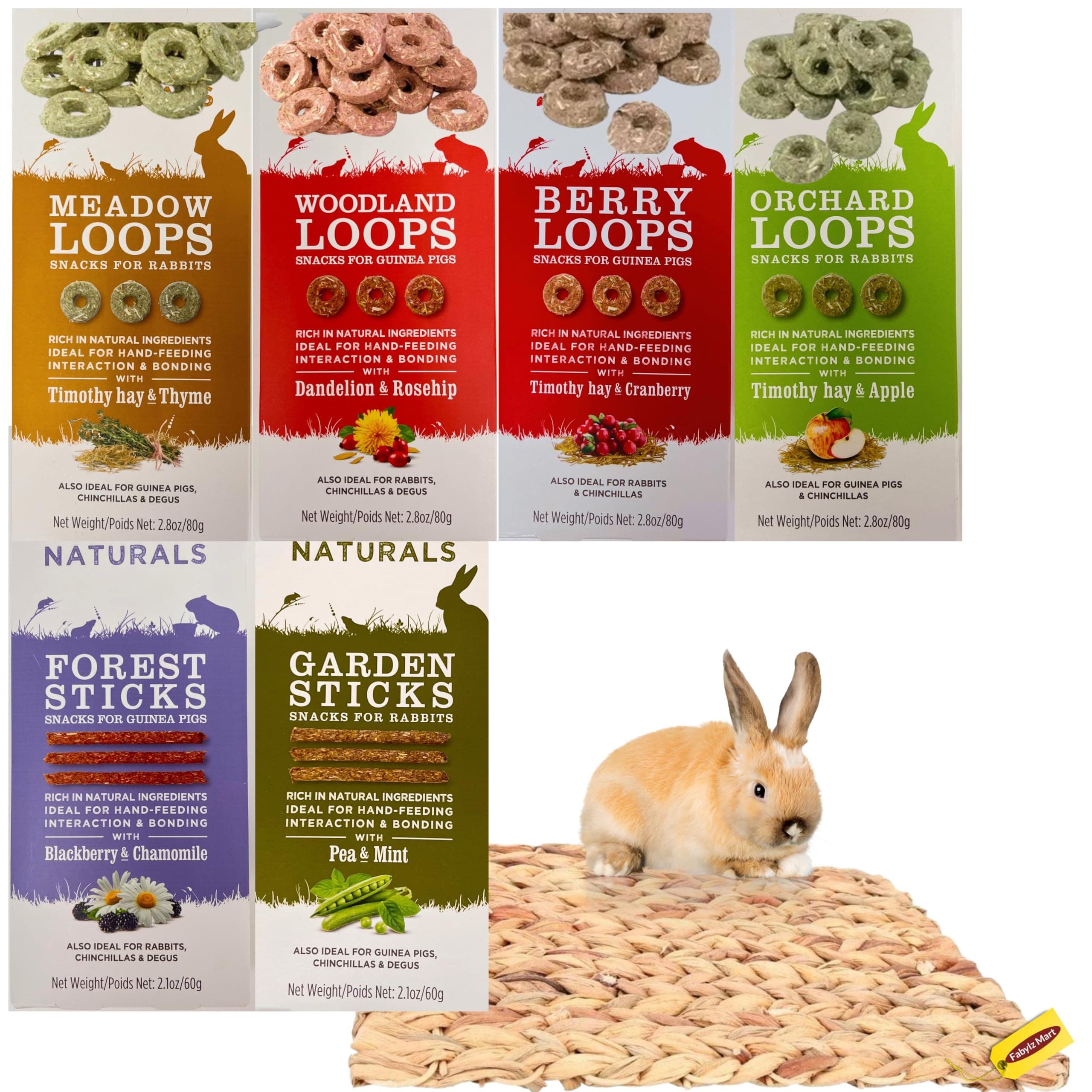 – Rabbit Food Treats include Loops 80g x4 | Sticks 60g x2 | Pack of 6 Mixed Variety Small Animal Snacks with Natural Woven Chew Bed Mat Toy for Rabbits