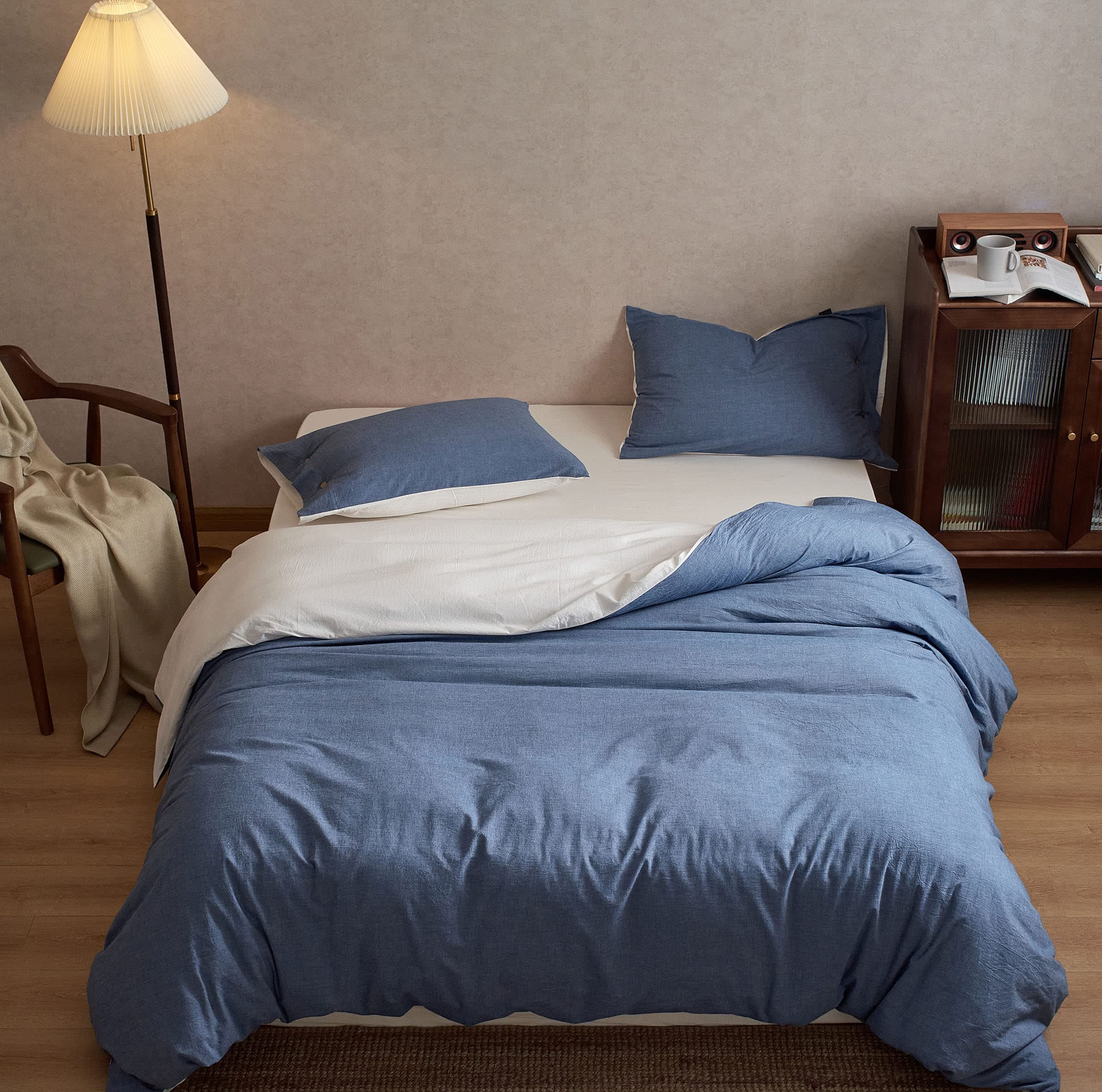 MILDLY Duvet Cover Queen Blue Quilt Cover Set 100% Washed Cotton Bedding Set with Zipper Closure & Closure Ties (No Comforter)