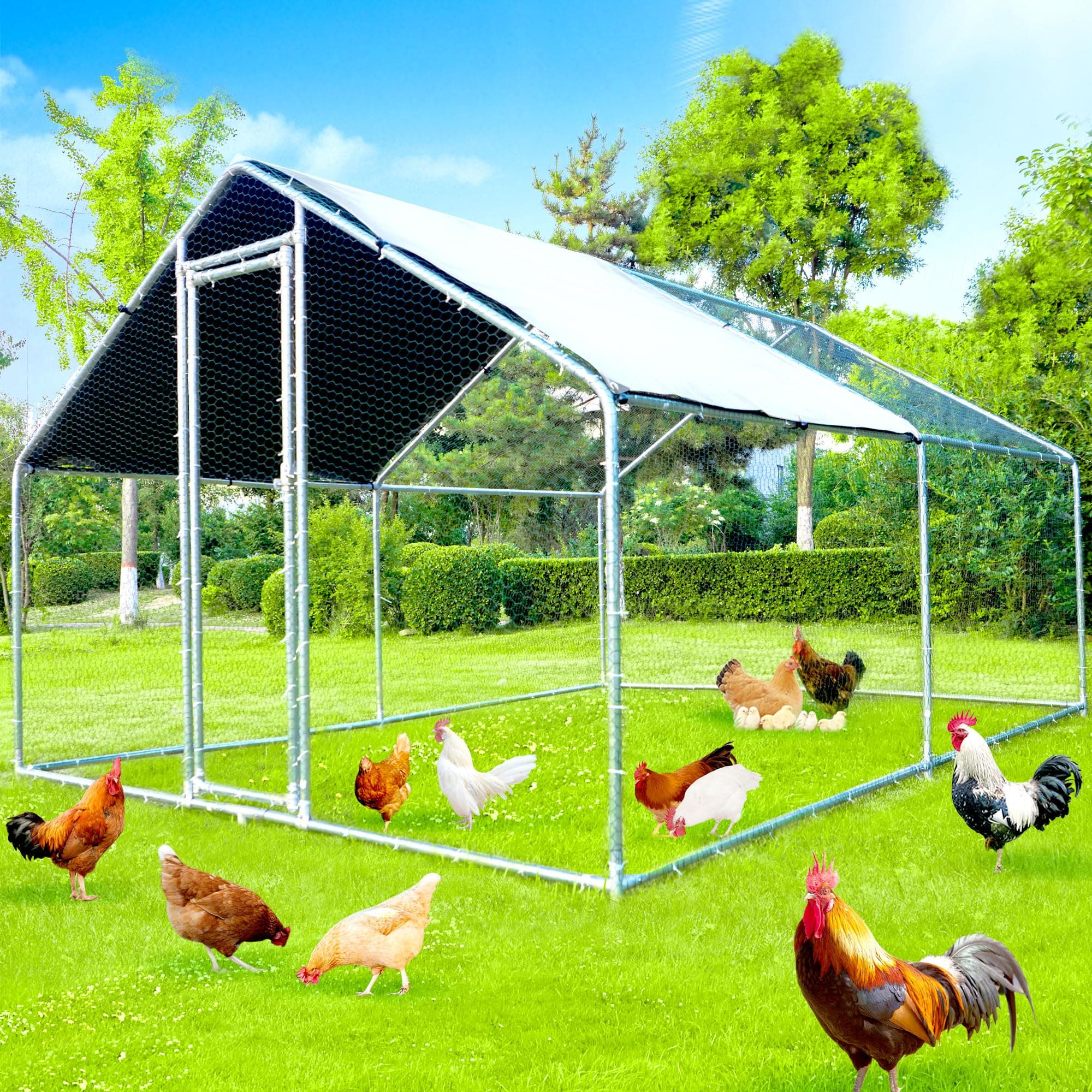 Large Metal Chicken Coop, Chicken Runs for Yard with Cover Walk-in Poultry Cage for 10 20 Chickens, Chicken Pen Duck Coop with Water-Resident Top and Feeding Door, Spire Hen House 12.8Lx9.84Wx6.6H FT