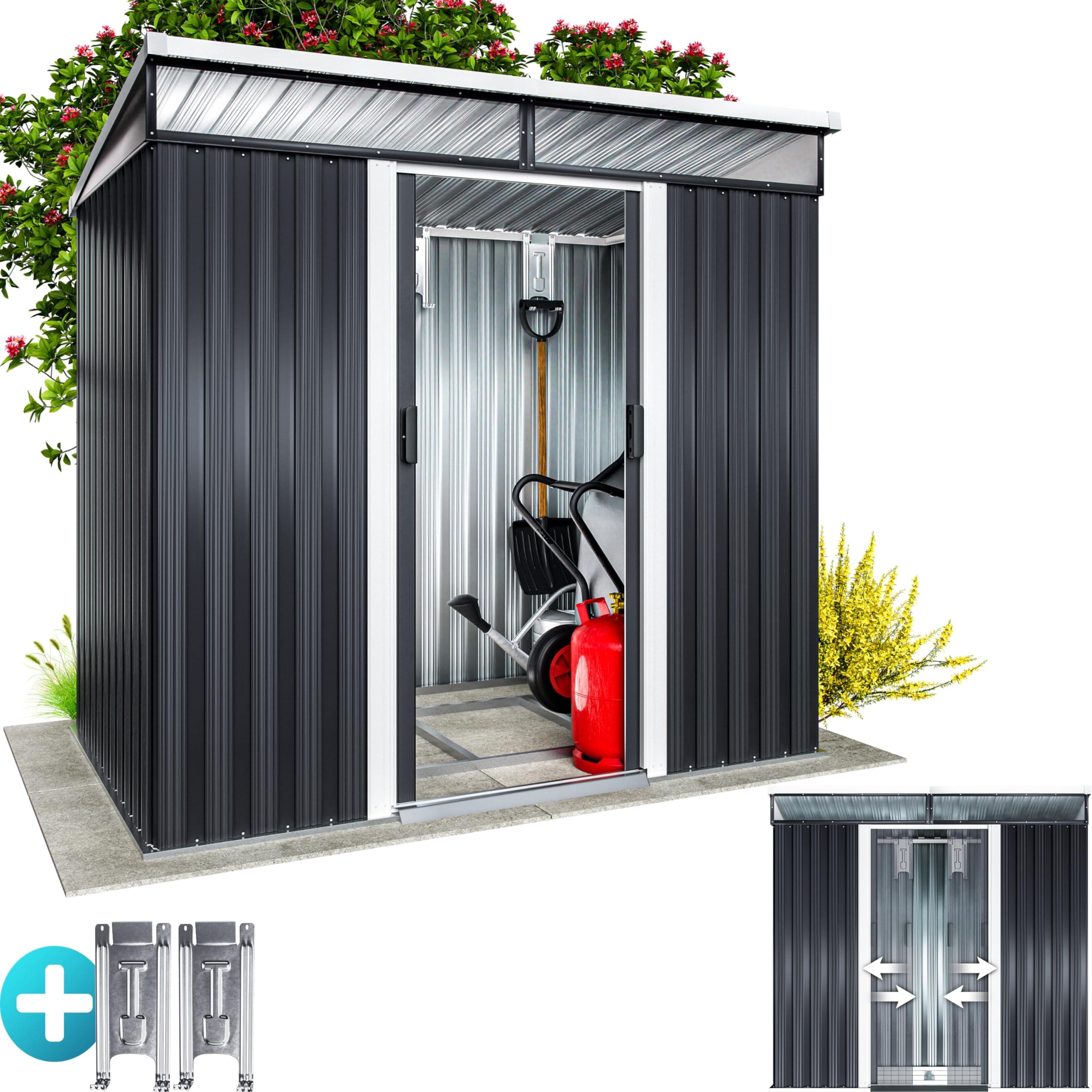 GardebrukLarge 6x4' Metal Tool Shed With Foundation | 2m² 4m³ | Pent Roof with 2 Windows | 200x125x180cm | Sliding Door | Galvanised Steel Garden Equipment Bike Log Storage | Anthracite