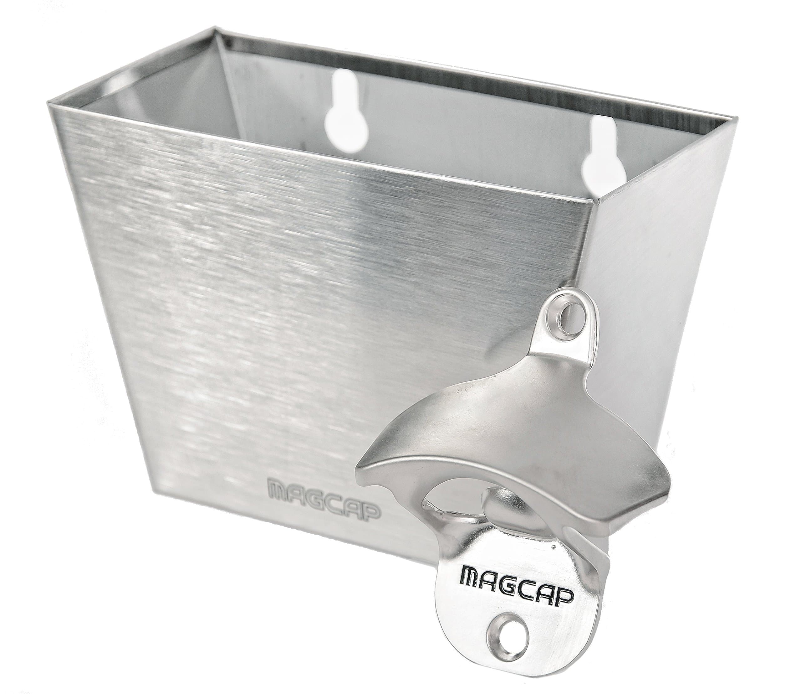 Magnetic Wall Mounted Bar - Style Bottle Opener and Bottle Cap Catcher Set for Beer and Sodas - Stylish, Easy to Install and Effortless to Use - Collects the Caps so You Don't Have to!