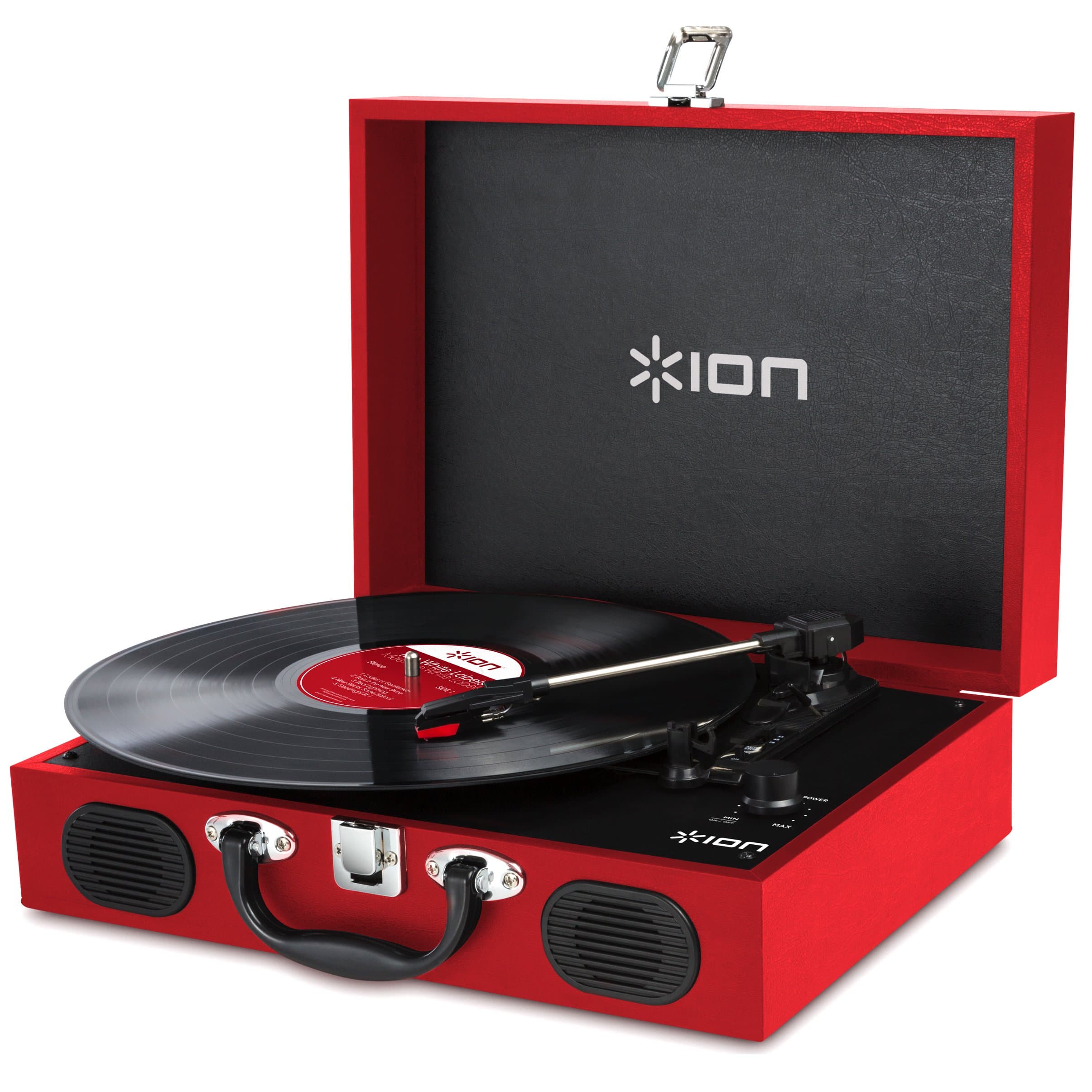 Ion Audio Vinyl Transport VJR01 Portable Briefcase Style Turntable (Red) with Built-In Stereo Speakers
