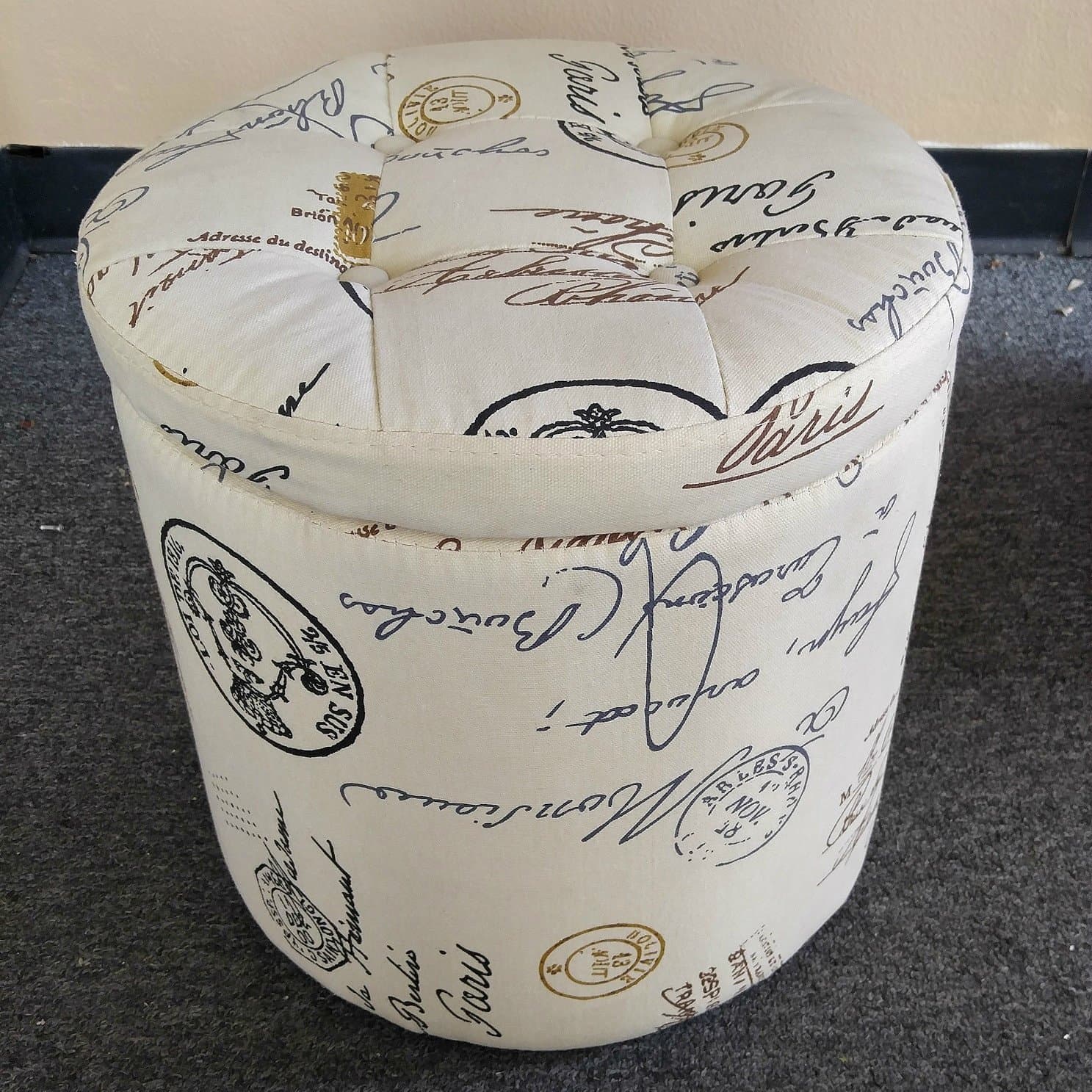 Script Round Storage Ottoman, Writing Aqua Postmark Script, Seat Foot Rest For Relaxing Furniture Tufted Pillow Lid