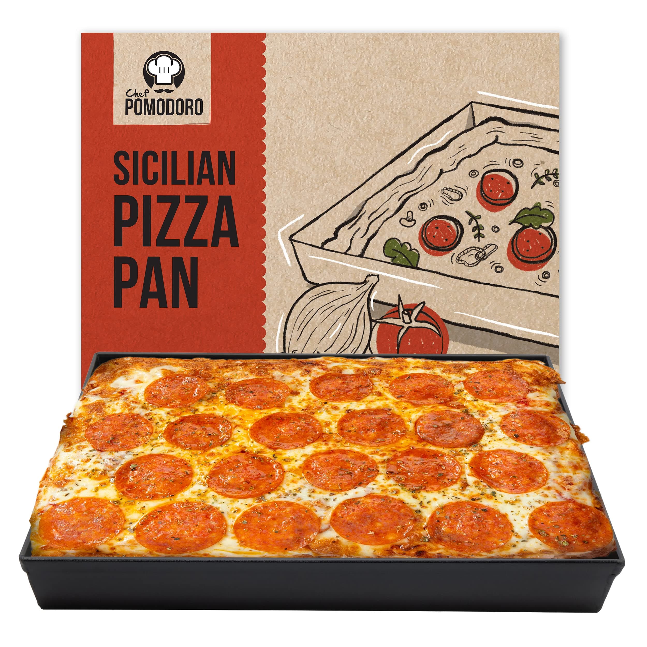 Sicilian Deep Dish Square Pizza Pan, 13.2 x 13.2 x 1.5 Inch, Non-stick Aluminum, Focaccia Crust, Dough Pre-Seasoned Bakeware Kitchenware